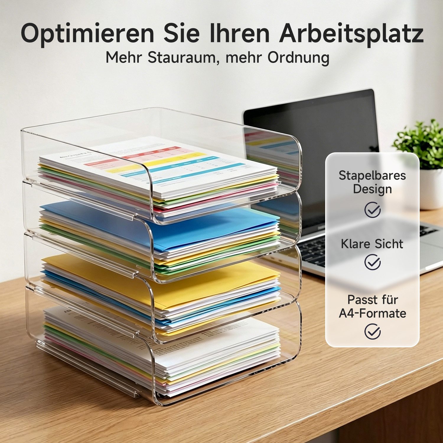 OSTWOLKE Briefablage Papierablage Dokumentenablage A4 stapelbare Schreibtisch Organizer, transparent, PET, 4 Fächer für Zuhause, Büro, Schule – Bild 4 von 5
