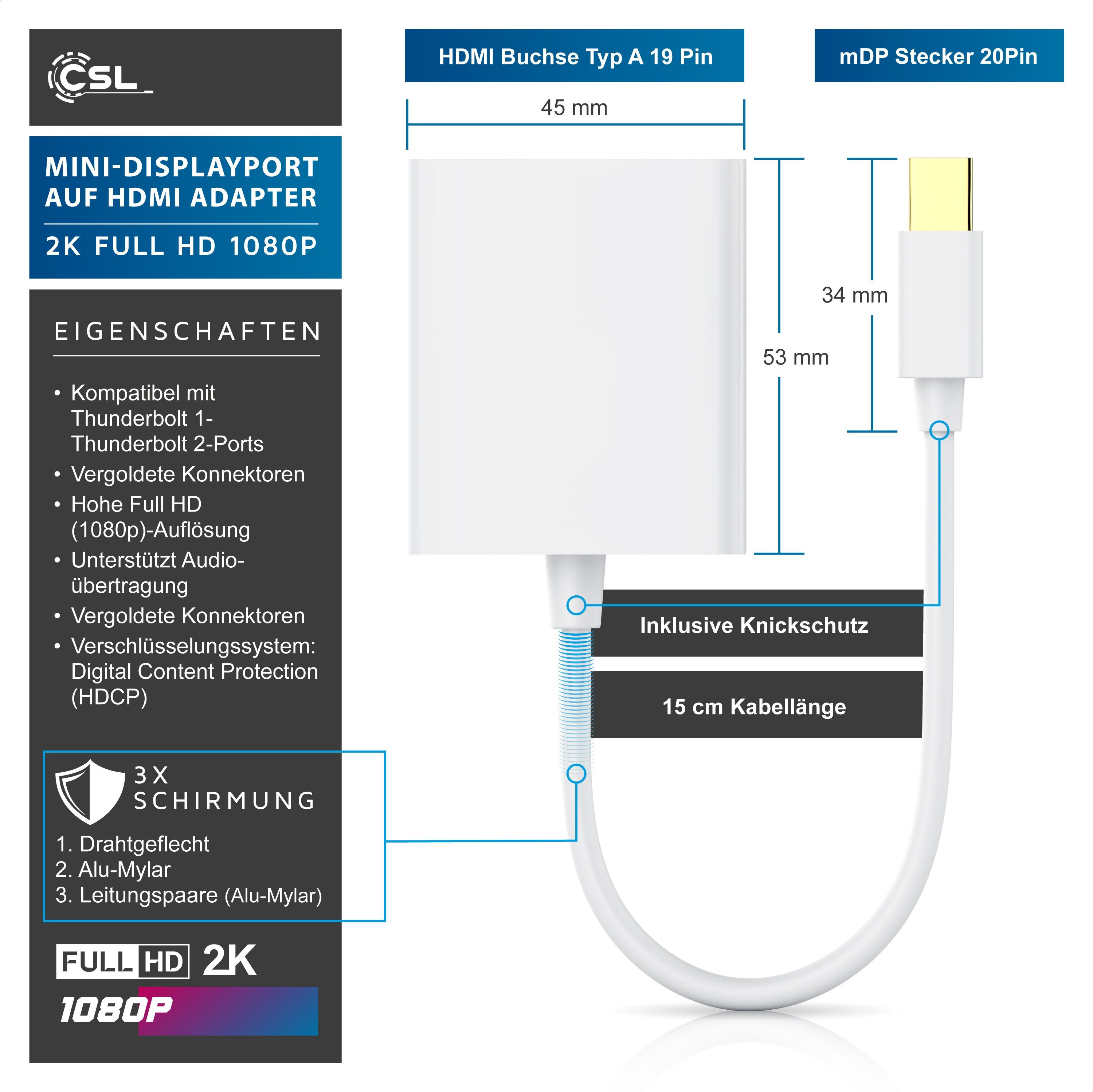 CSL Audio- & Video-Adapter Mini DisplayPort zu HDMI Typ A, Full HD MiniDP Adapter / Konverterkabel