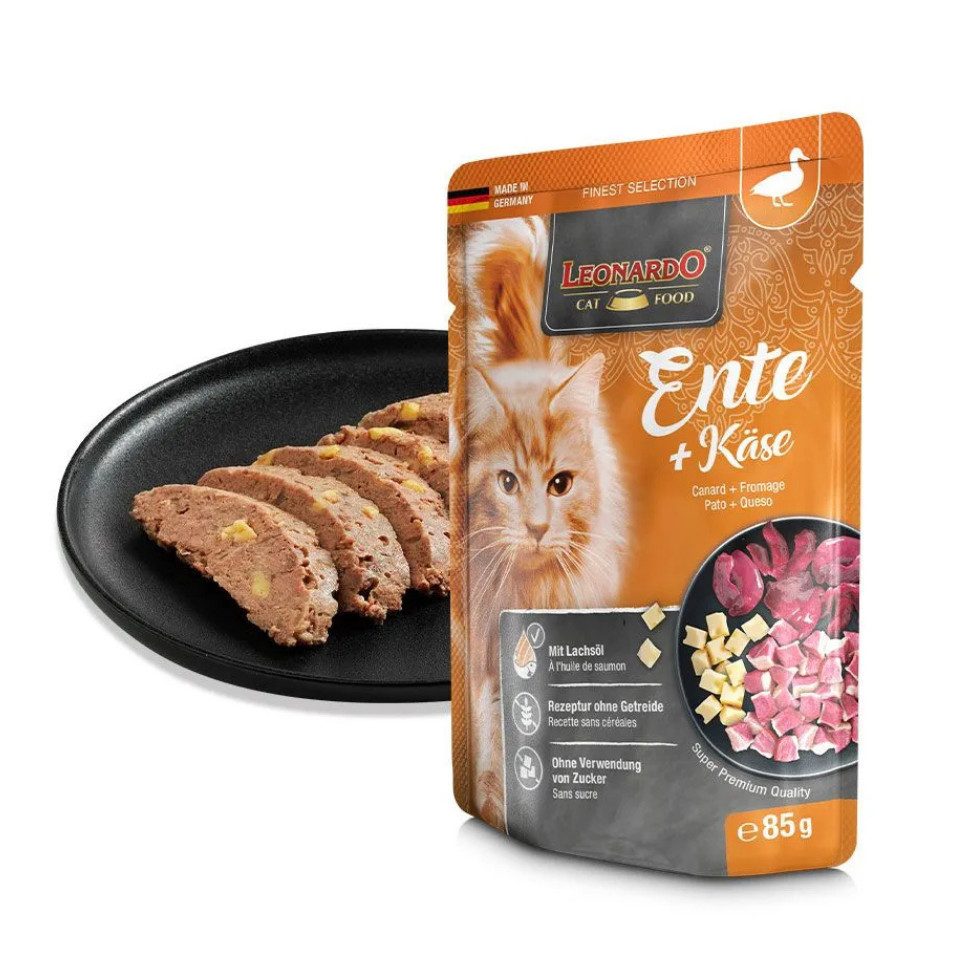Leonardo Catfood Ente & Käse - getreidefreies Nassfutter mit fettarmen Fleisch 16x85g, Nassfutter für: Katzen