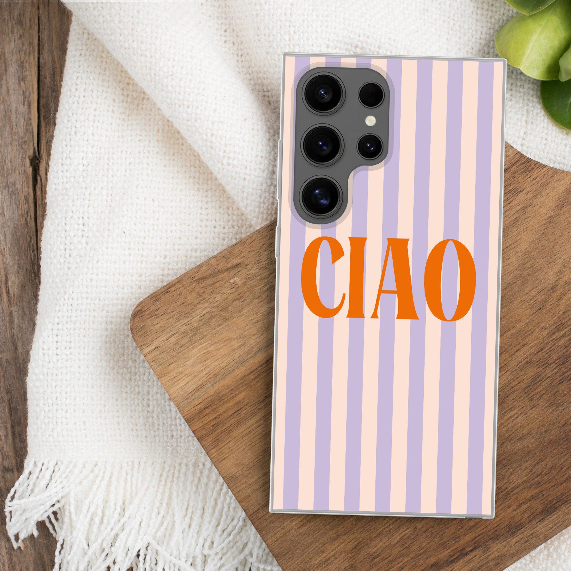 MuchoWow Handyhülle für Samsung Galaxy S24 Ultra Ciao - Zitat - Pastell - Streifen, Phone Case, Silikon, Schutzhülle Dünn