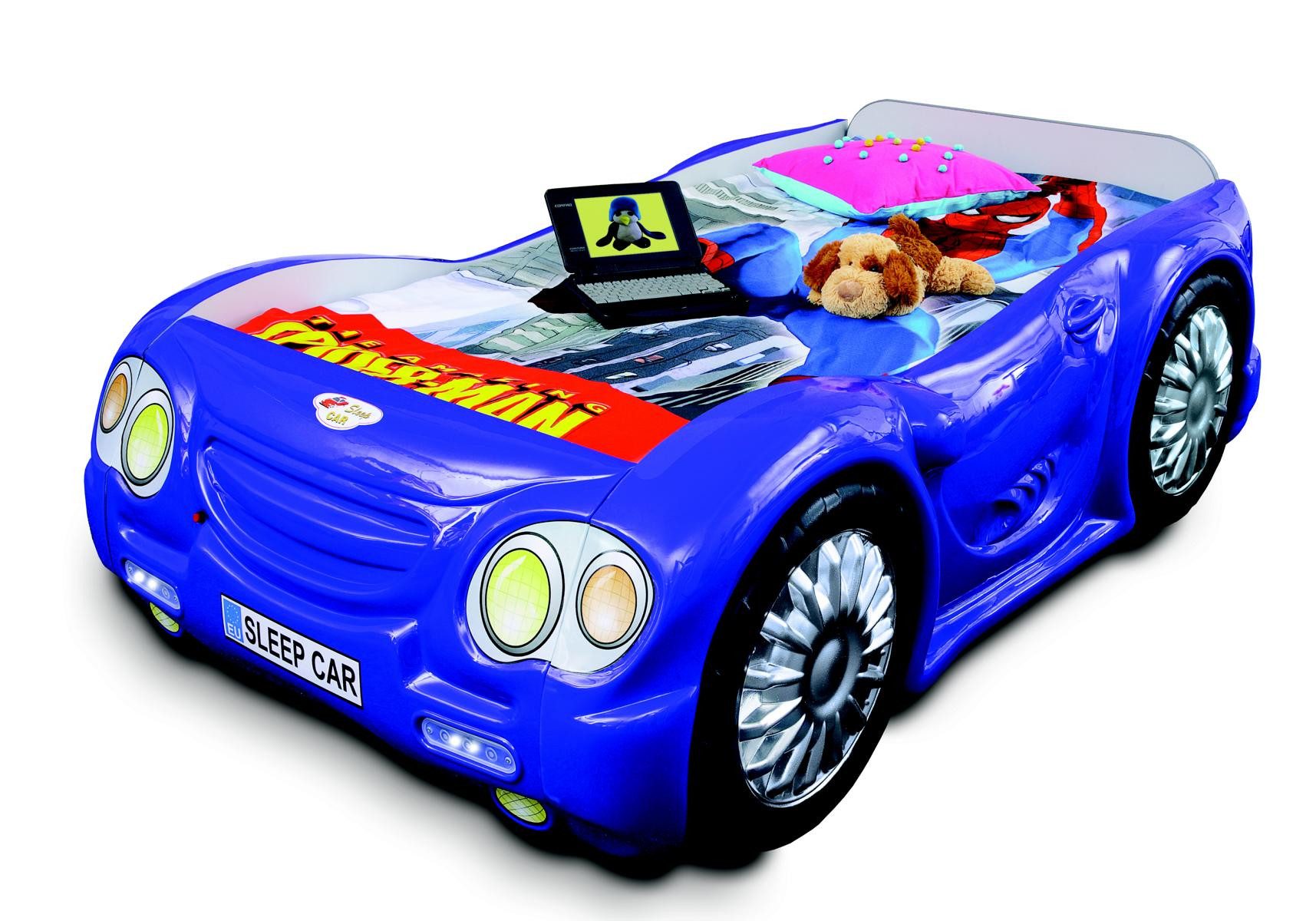 Autobett Rennwagen Bett in Blau mit Matratze aus MDF und Kunststoff