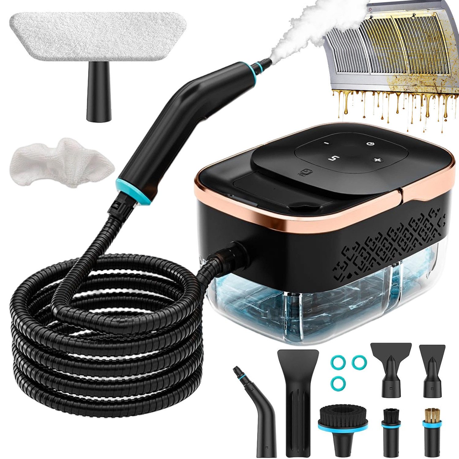 AKKEE Handdampfreiniger 2500W Dampfreiniger mit 1250 ml Wassertank Auto-Dampfreinigungsgeräte, 2500 W, 6 stufige Leistungsregelung, Komplettes Zubehörset