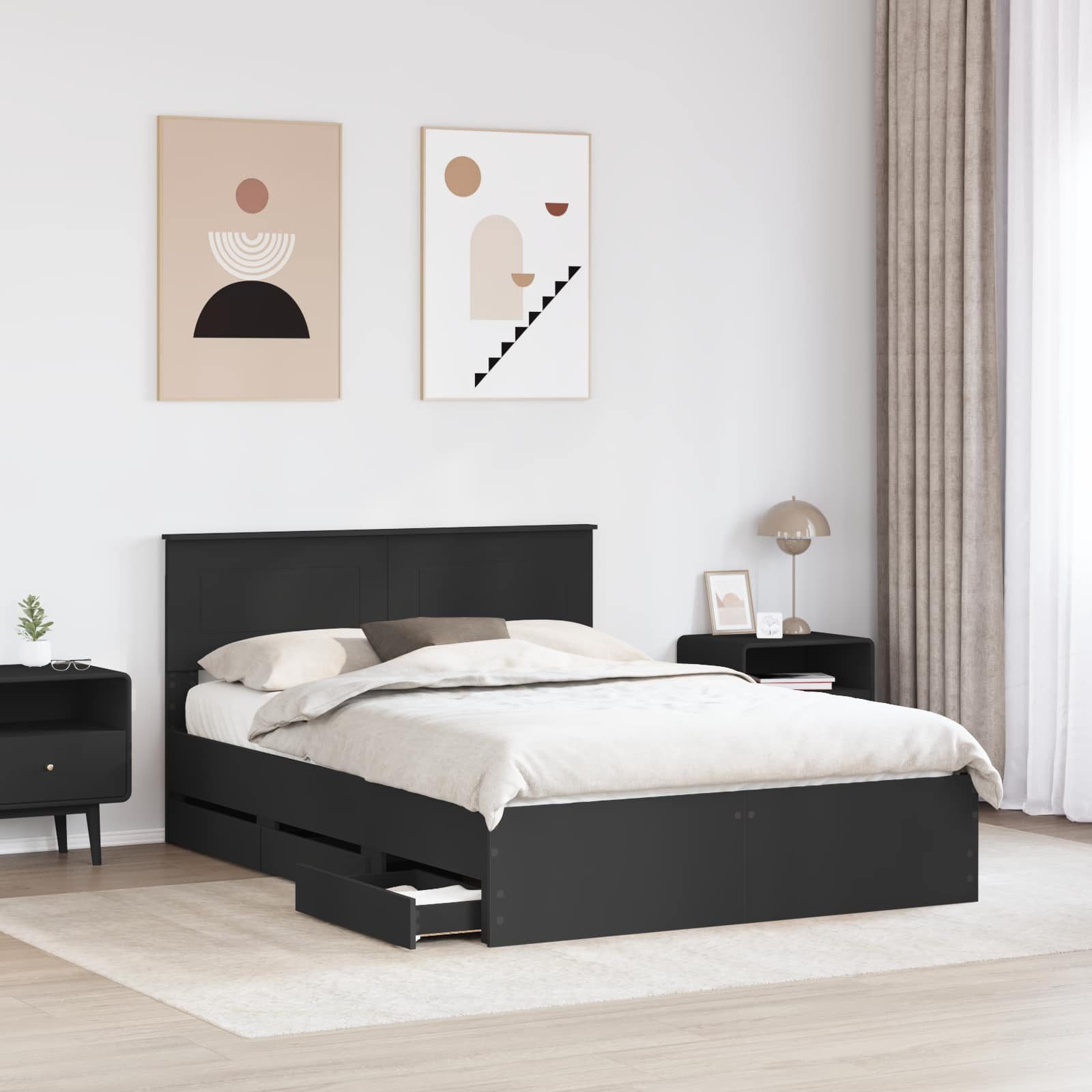 vidaXL Bettgestell Bettrahmen mit Schubladen Schwarz 140 x 200 cm Ingenieurs Holz (1-tlg)