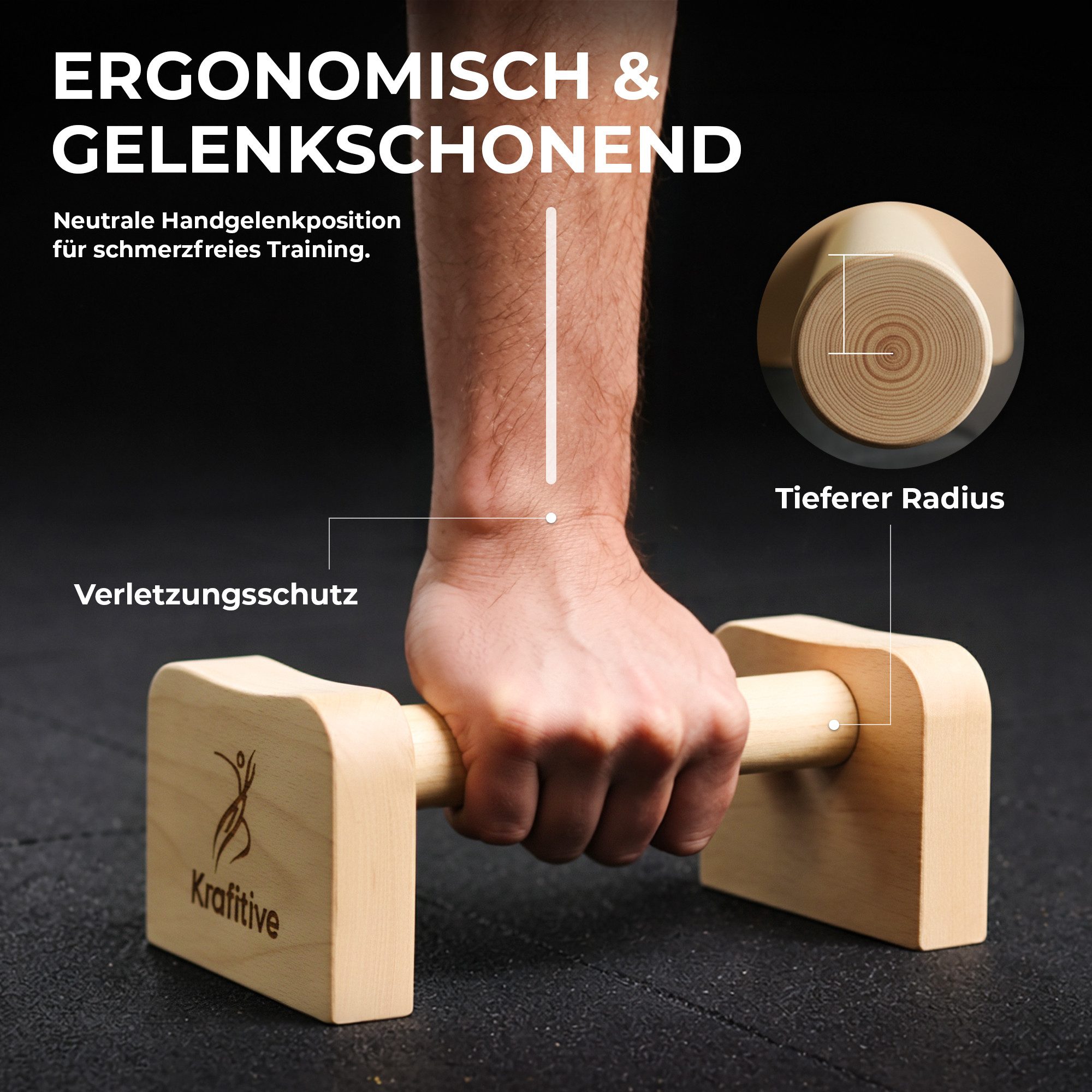 Krafitive Liegestützgriffe Parallettes aus Holz Push Up Bars Handstand Stützen (2-teilig), Massives Buchenholz, belastbar bis 150kg, ergonomisch & rutschfest.
