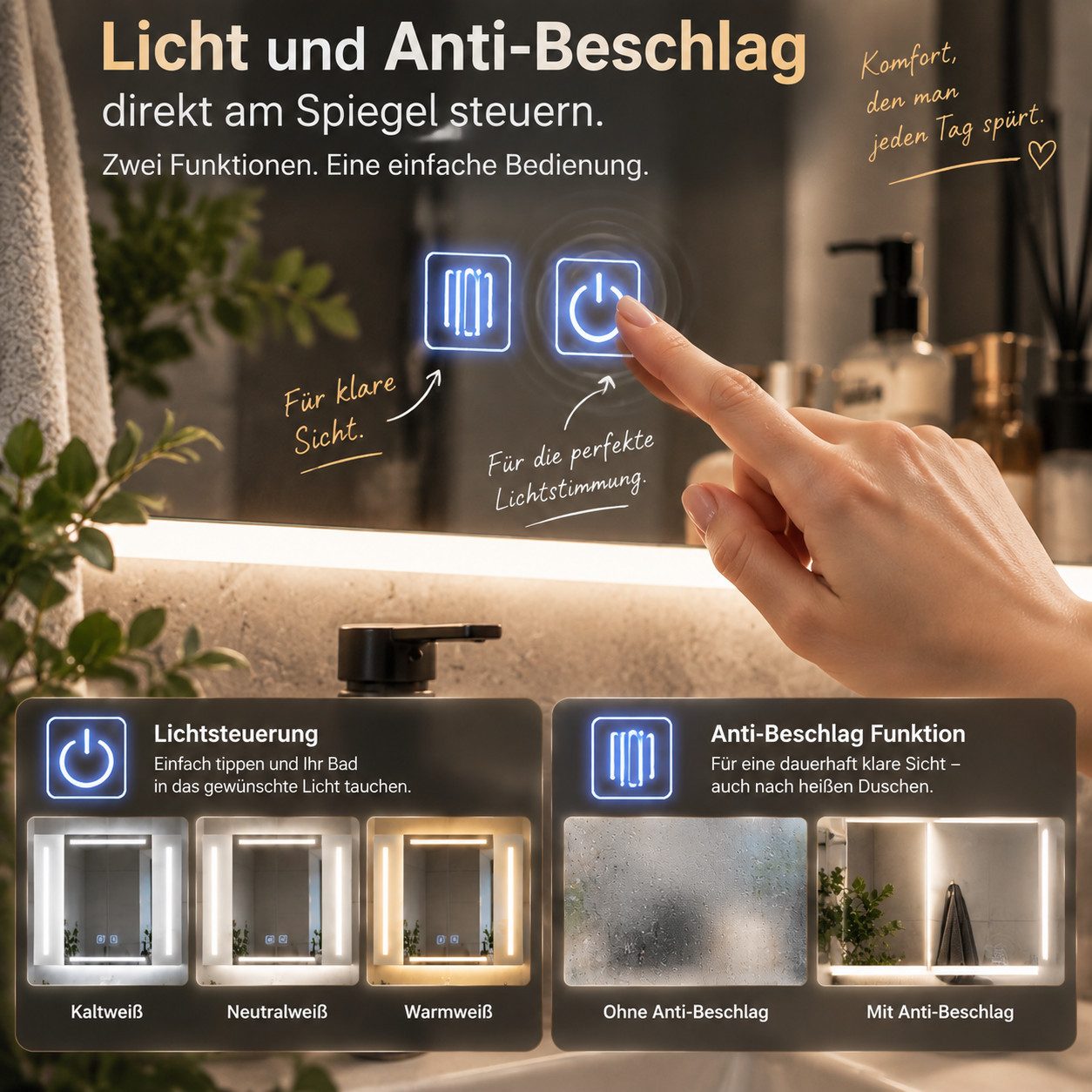 Simurq Badezimmerspiegelschrank 100 cm LED-Spiegelschrank mit 3 Türen, Anti-Beschlag Tuchentnahme im unteren rechten Bereich – Bild 4 von 5