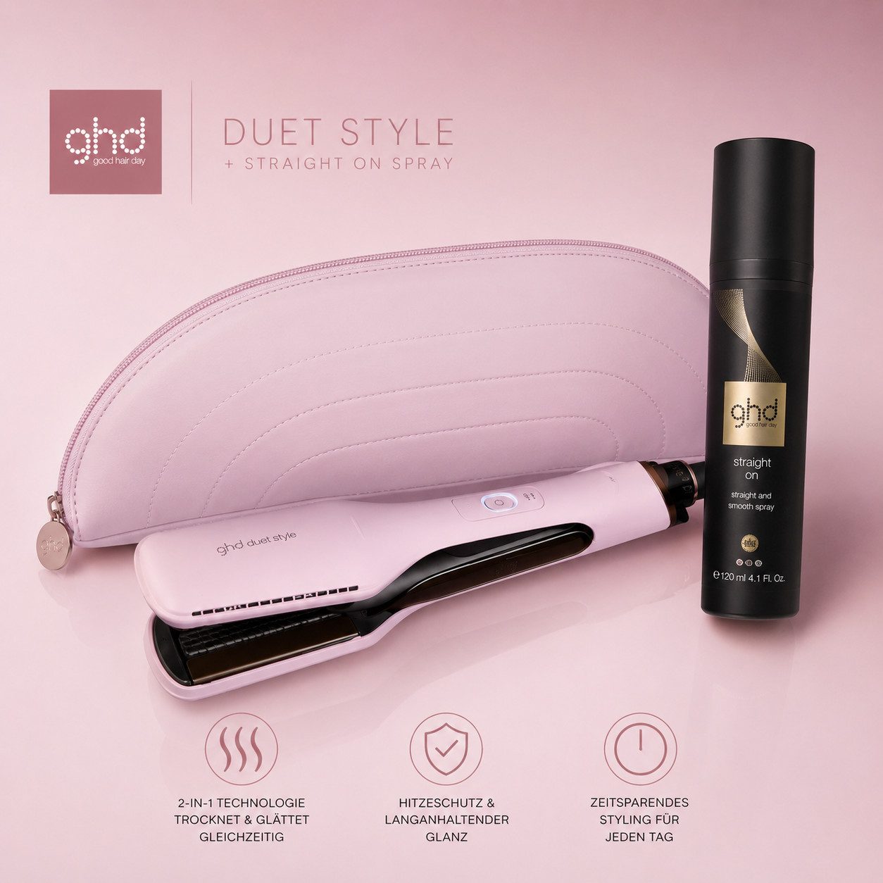 GHD Heißluft-Haarglätter Duet Style Pink Sorbet Set – Limited Edition inkl. Straight On Spray