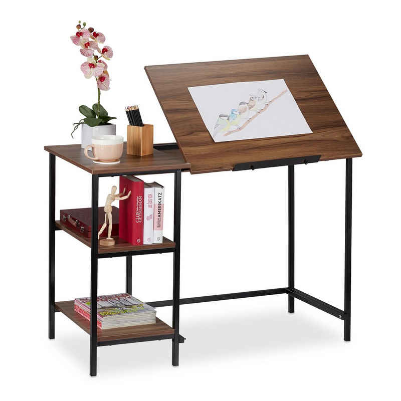 relaxdays Schreibtisch »Schreibtisch neigbar mit 3 Ablagen«, Holz / Schwarz