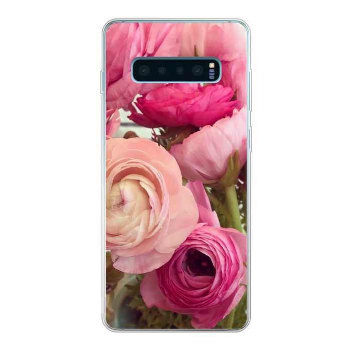 MuchoWow Handyhülle Eine Vase gefüllt mit rosa Butterblumen Phone Case Handyhülle Samsung Galaxy S10+ Silikon Schutzhülle
