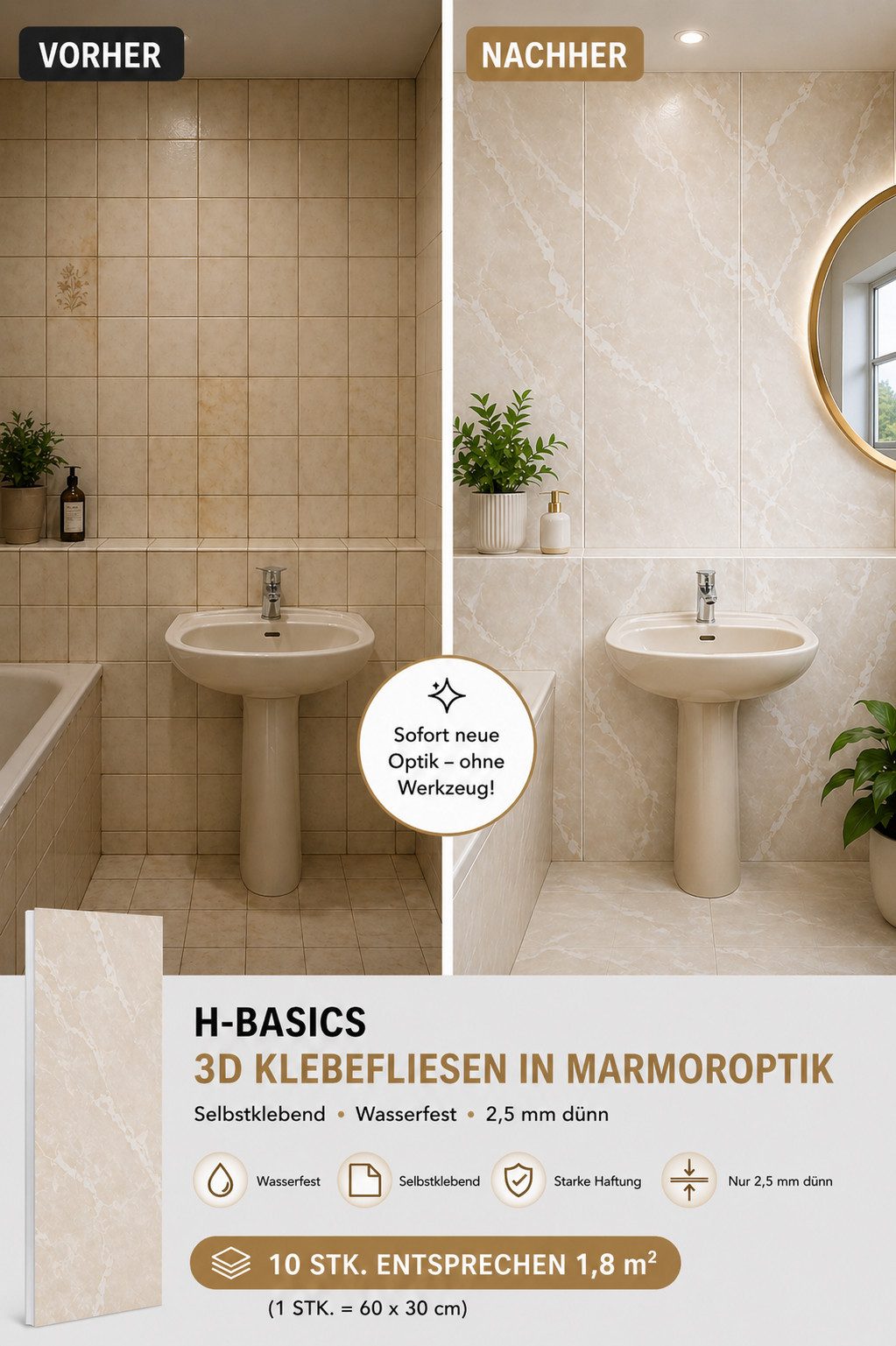 H-basics Fliesenaufkleber Klebefliesen Grau 60×30 cm 10 Stk 3D Fliesenoptik selbstklebend (Marmor Optik), Wasserfest, Für Innenbereiche geeignet, Pflegeleicht – Bild 5 von 5