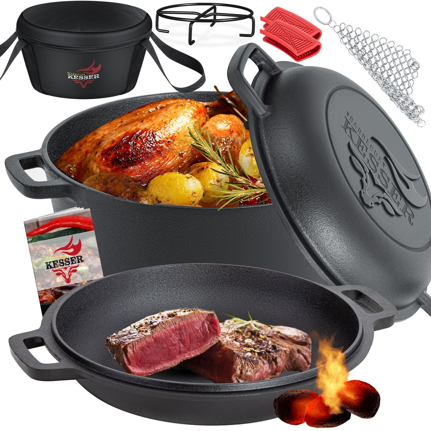 KESSER Feuertopf, Gußeisen, Dutch Oven 2in1 Gusseisen Topf 4,8L und Pfanne 1,8L