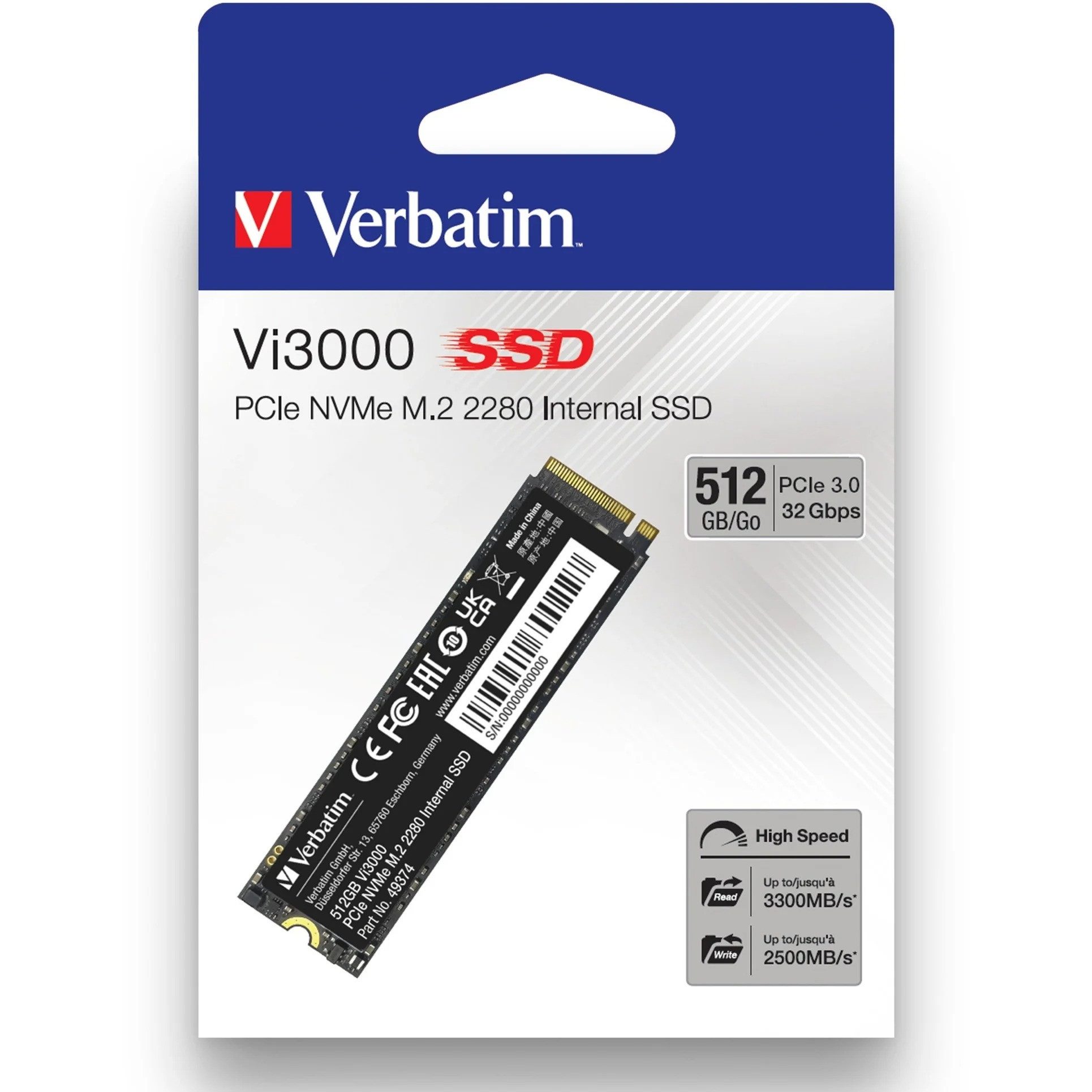 Verbatim Vi3000 512GB SSD M.2 2280 NVMe SSD interne SSD (512 GB) M.2" 3100 MB/S Lesegeschwindigkeit, 2200 MB/S Schreibgeschwindigkeit, PCIe NVMe, M.2 2280, 3D NAND, Low Power Design