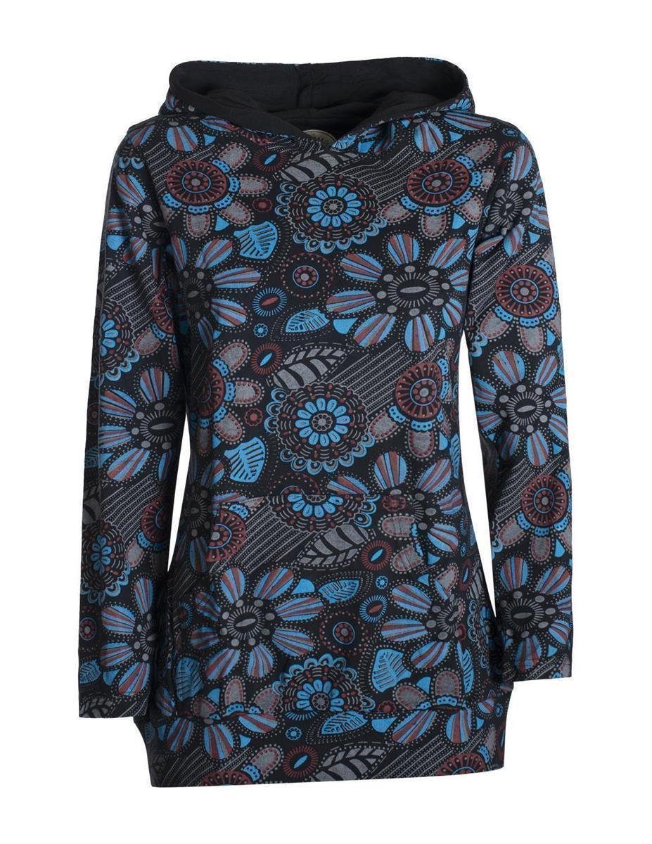 Vishes Kapuzenshirt Langarm Hoodie mit Blumen Druck und Kängurutasche Hippie, Goa Style