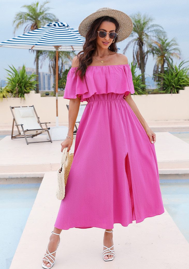 Cupshe Maxikleid Schulterfreier Volant mit Rüschen in Unifarbe – Bild 4 von 5