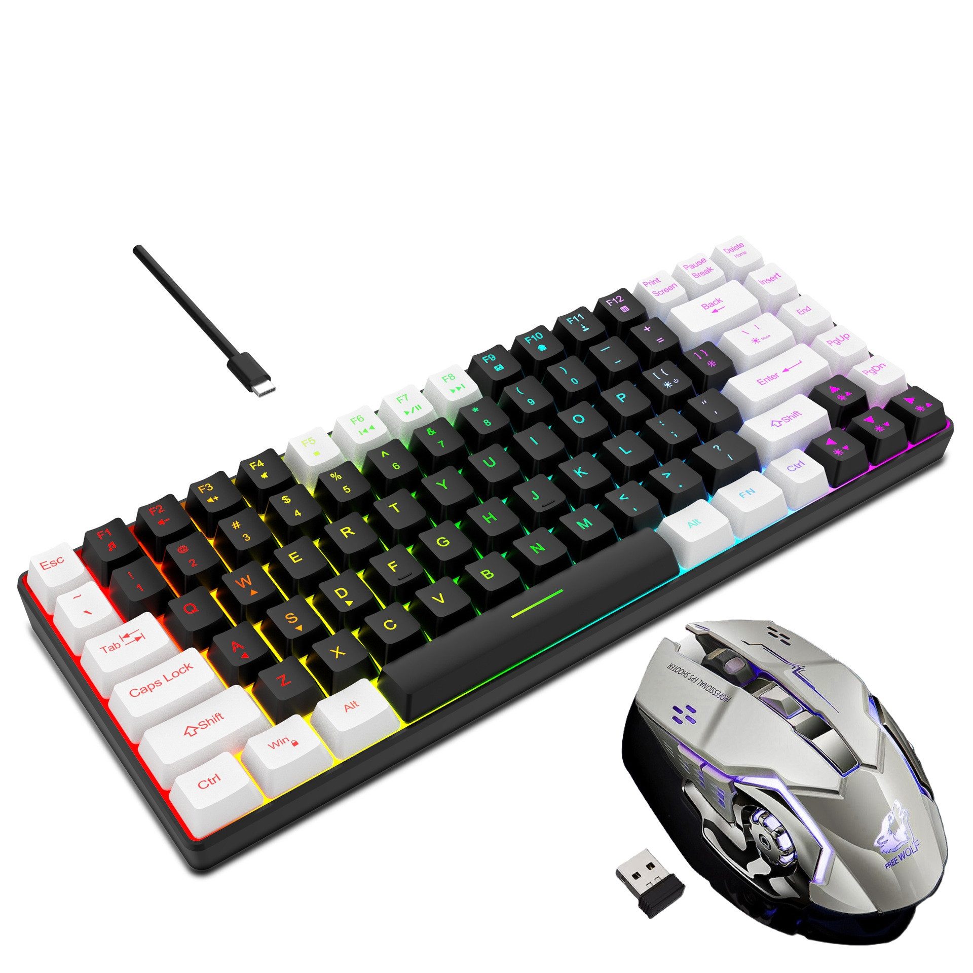 Novzep Gaming Tastatur & Maus Set, Kabelgebundene 84-Tasten-Folientastatur Tastatur- und Maus-Set, (1 St), mit RGB,USB-C + kabellose Maus 2.4GHz,2400 DPI,Wiederaufladbar