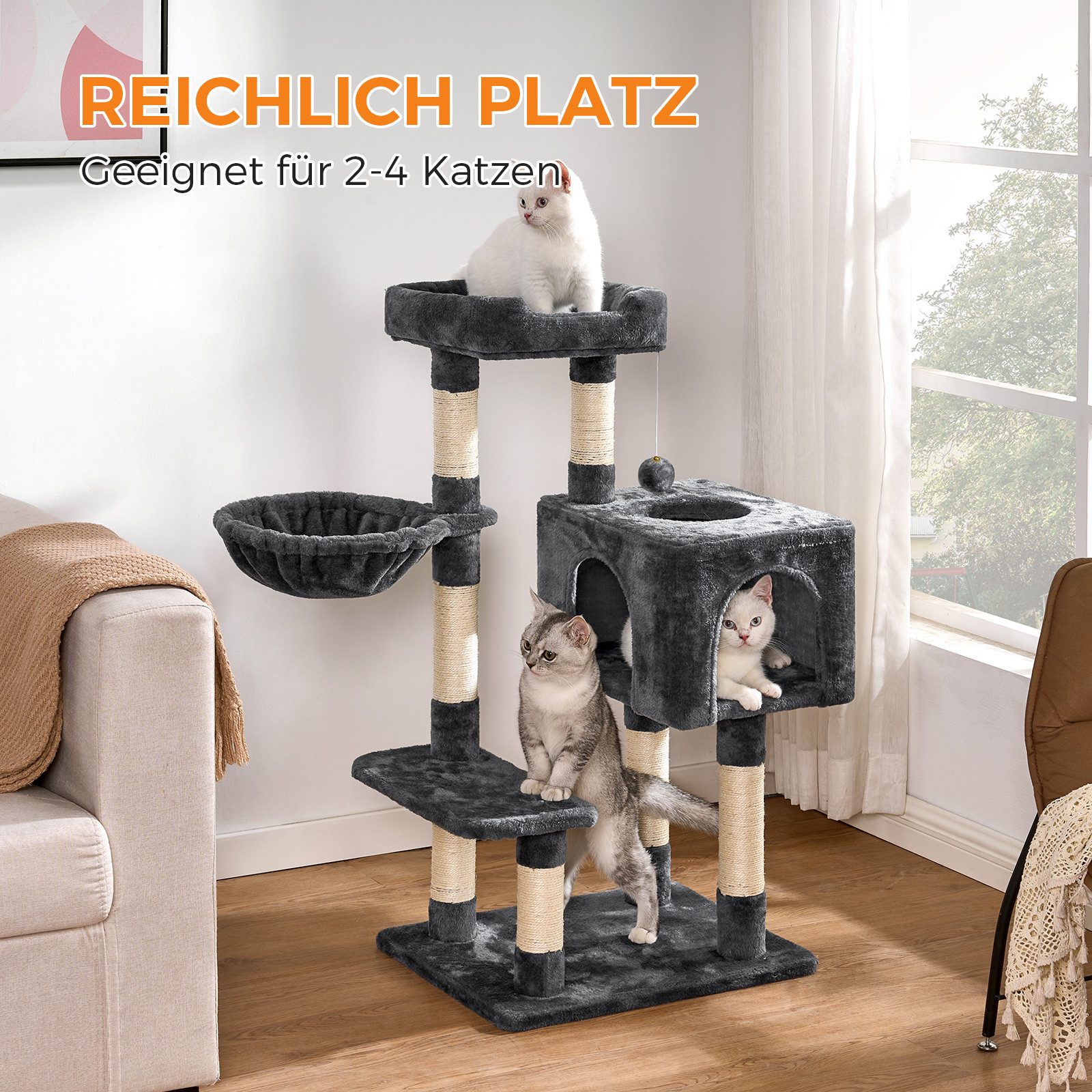 Dogat Kratzbaum Kratzbaum 100 cm, Katzenhaus mit 3 Eingängen, Hängematte, Kippschutz, 50*40*98cm