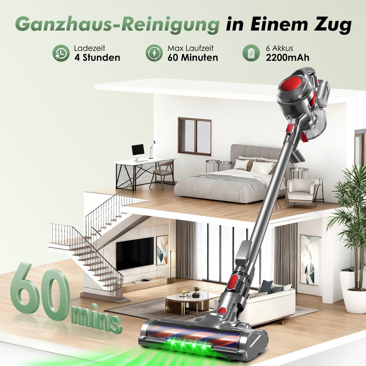 Adormii Akku-Hand-und Stielstaubsauger Akku Staubsauger,Staubsauger Kabellos 50kPa/50Min,GreenEye-Technologie, beutellos, Selbststehendes Design,Staubsauger für Tierhaare,Teppich und Hartboden