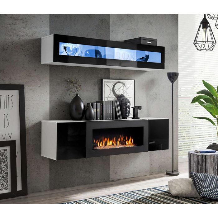 Stylefy Wohnwand Fli N2 (Wohnmöbel Wohnzimmer-Set Set (2-St) bestehend aus 1xLowboard mit Kamin 1xHängevitrine Modern aus Holzwerkstoff Hochglanzfronten variabel hängbar inkl. LED-Beleuchtung mit Glaseinsatz mit Push-to-Open