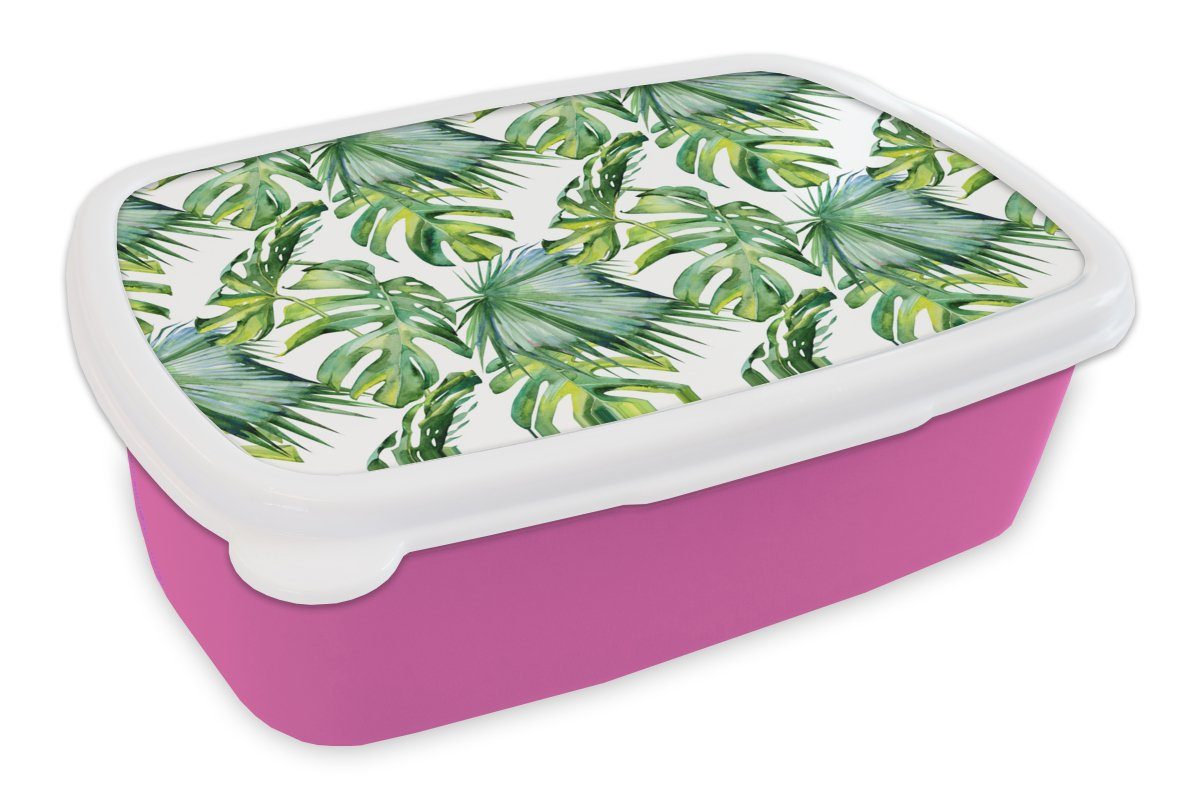 MuchoWow Lunchbox Bohème - Blätter - Blumen - Tropisch, Kunststoff, (2-tlg), Brotbox für Erwachsene, Brotdose Kinder, Snackbox, Mädchen, Kunststoff rosa
