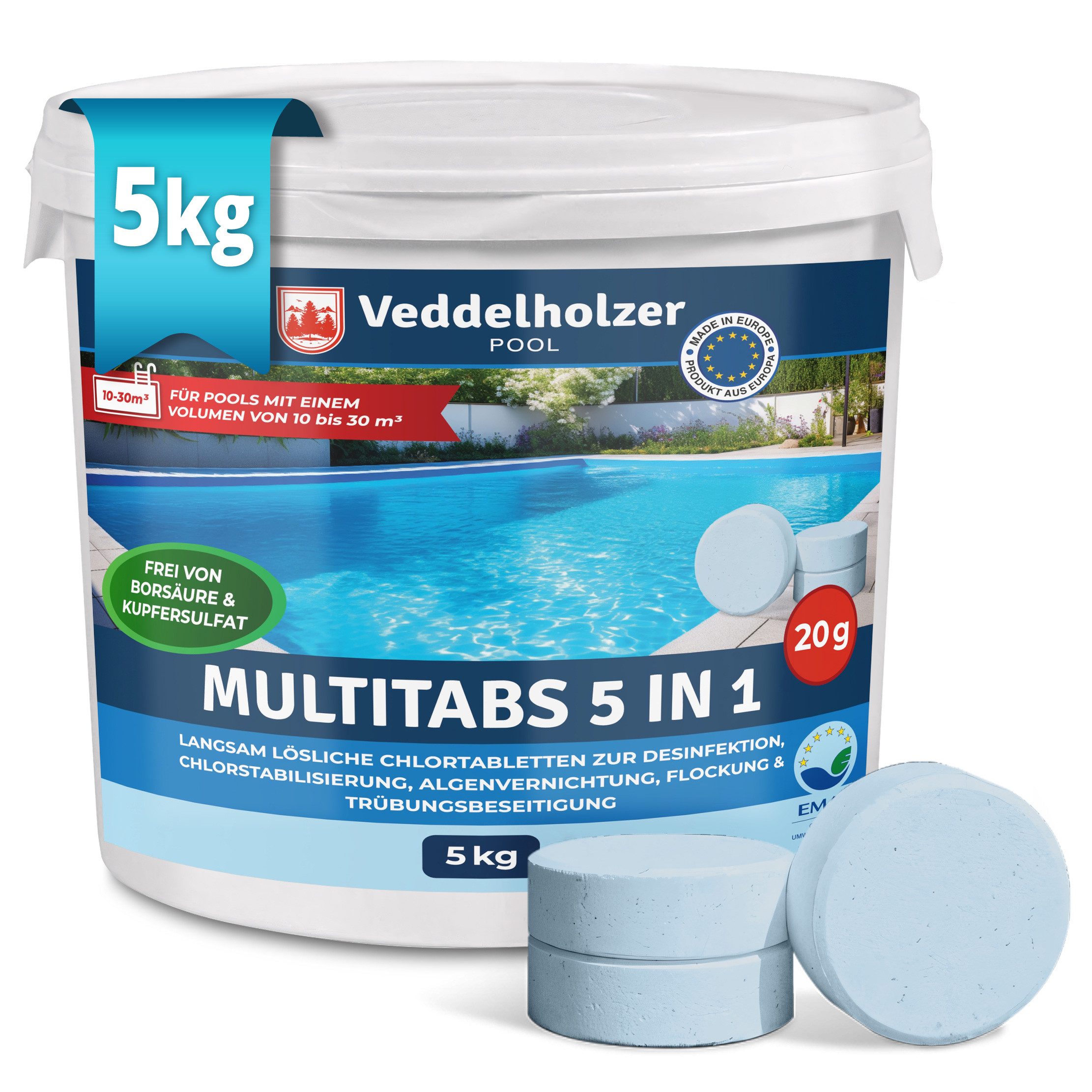 Veddelholzer Garten Chlortabletten 5 kg Multitabs 5 in 1 Chlortabletten langsam löslich Pool Zubehör, (Chlortabletten für Pool, 5 in 1 Multitabs), langzeit Chlor Tabletten zur Reinigung & Desinfektion