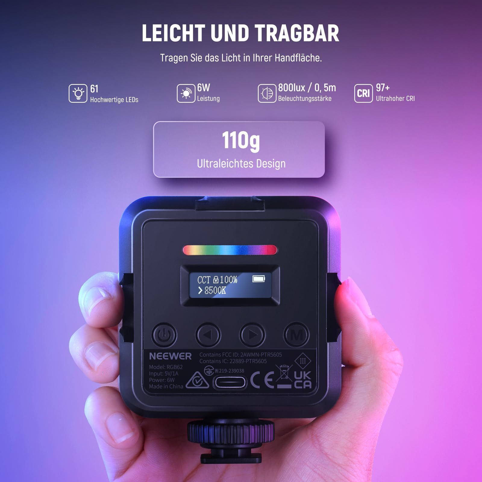 Neewer Videoleuchte RGB62 Magnetisches RGB Videolicht mit APP Steuerung, CRI97+, 2500K-8500K, 2000mAh Akku, Selfie Licht für Fotografie Vlogs – Bild 2 von 5