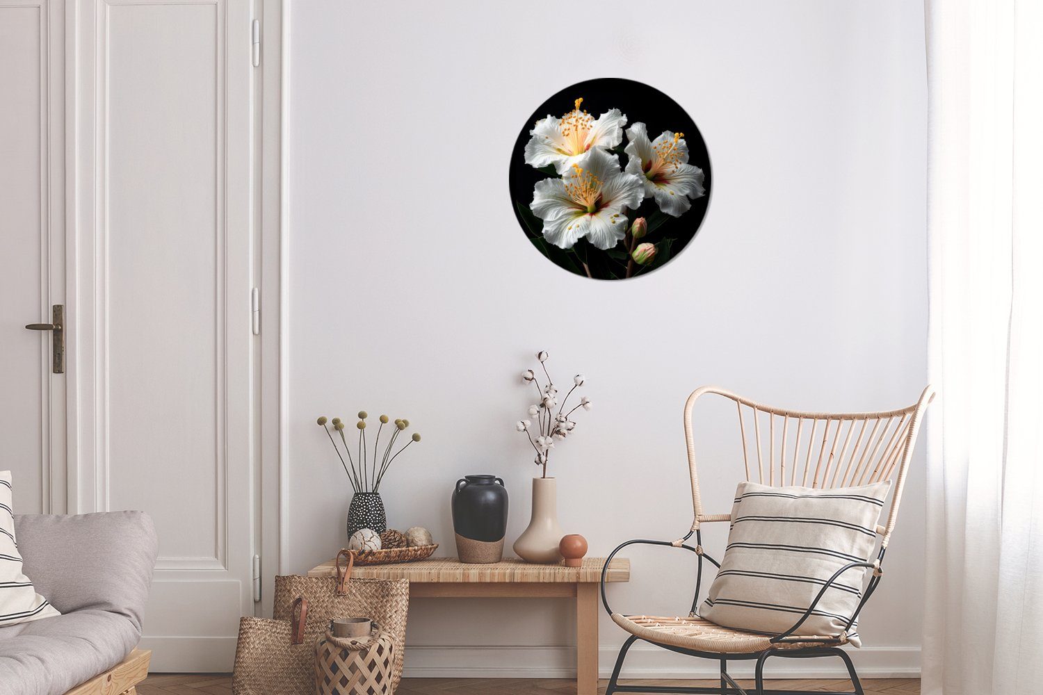 MuchoWow Wandsticker Blumen - Hibiskus - Weiß - Schwarz für (1 Tapetenaufkleber, St), Rund, Kinderzimmer, Natur - Wohnzimmer Tapetenkreis