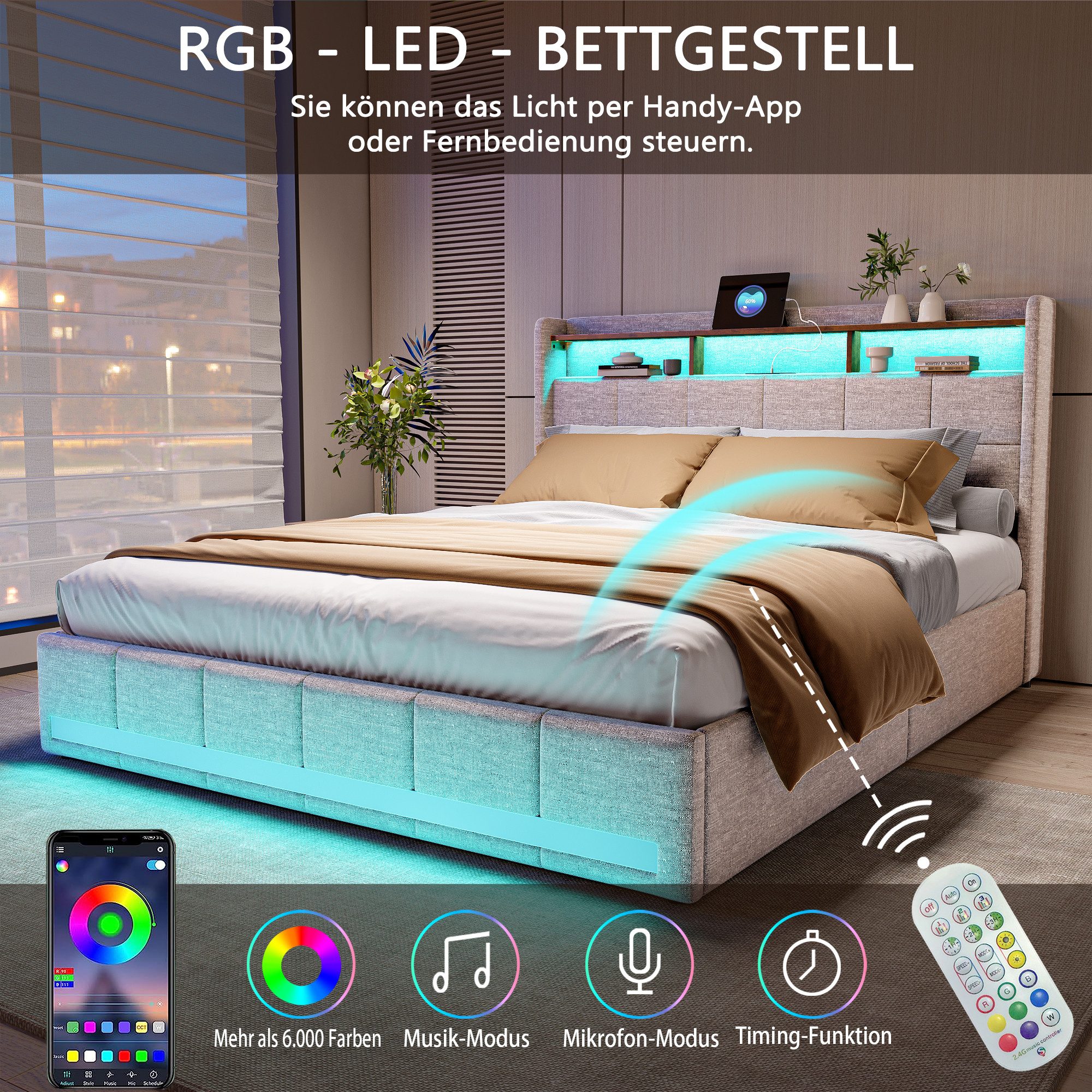 ADWOLT Polsterbett LED Doppelbett Bettgestell mit Stauraum (Set, 1-tlg., mit 4 Schubladen Ausgestattet,140x200cm), mit Lattenrost, Kopfteil,Leinen,ohne Matratze,Beige