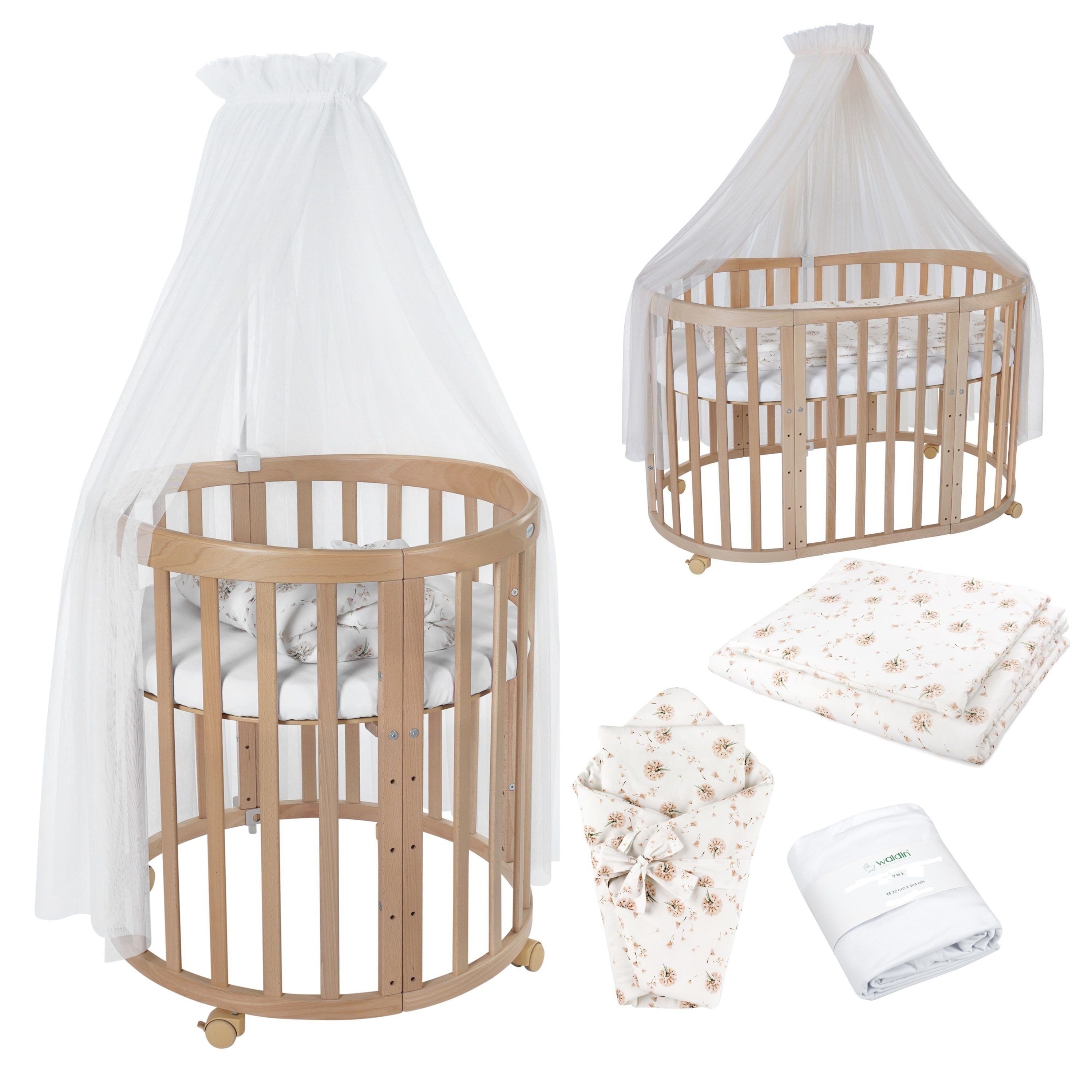 Waldin Babybett Mobiles Babybett OWAL aus Holz 7in1 mit Matratze, mitwachse günstig online kaufen