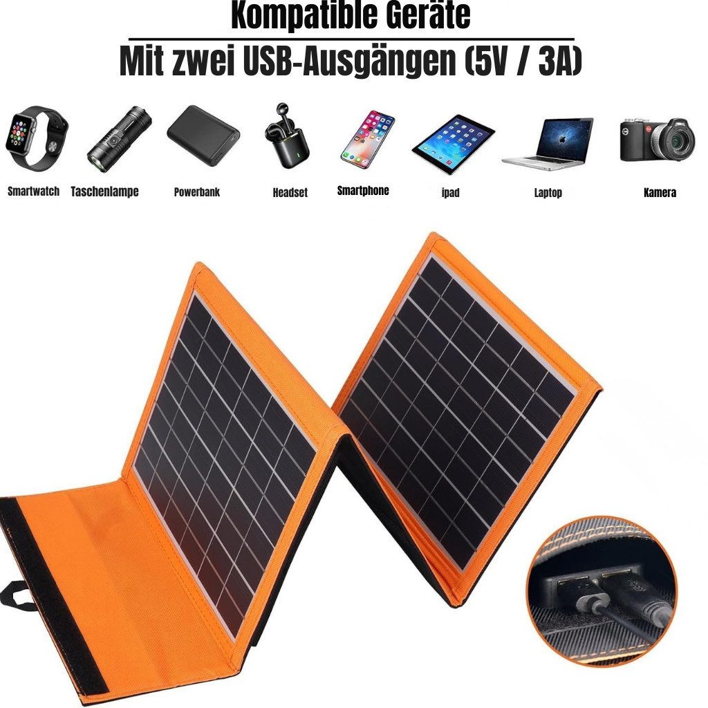 Goldstern-Tech Solarmodul SolarMate, Monokristallin, (Faltbares, kompaktes Solarpanel 30W 40W, 3-St., hocheffizient mit 2 USB-Anschlüssen), ultraleicht & robust für Outdoor, Camping & Notfall-Stromversorgung