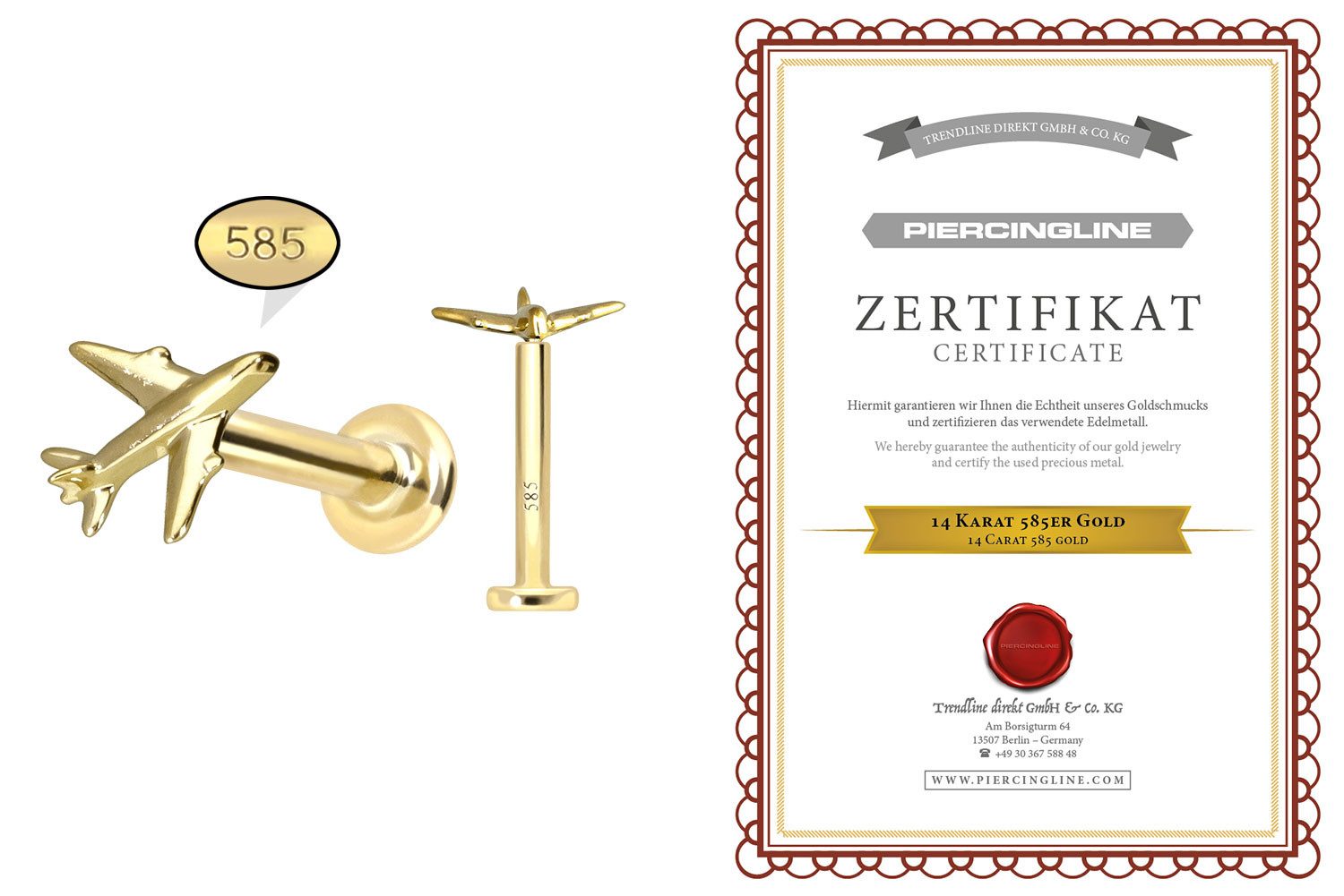 PIERCINGLINE Piercing-Set 14 Karat Gold Labret mit Innengewinde FLUGZEUG (Labrets, 1-tlg)