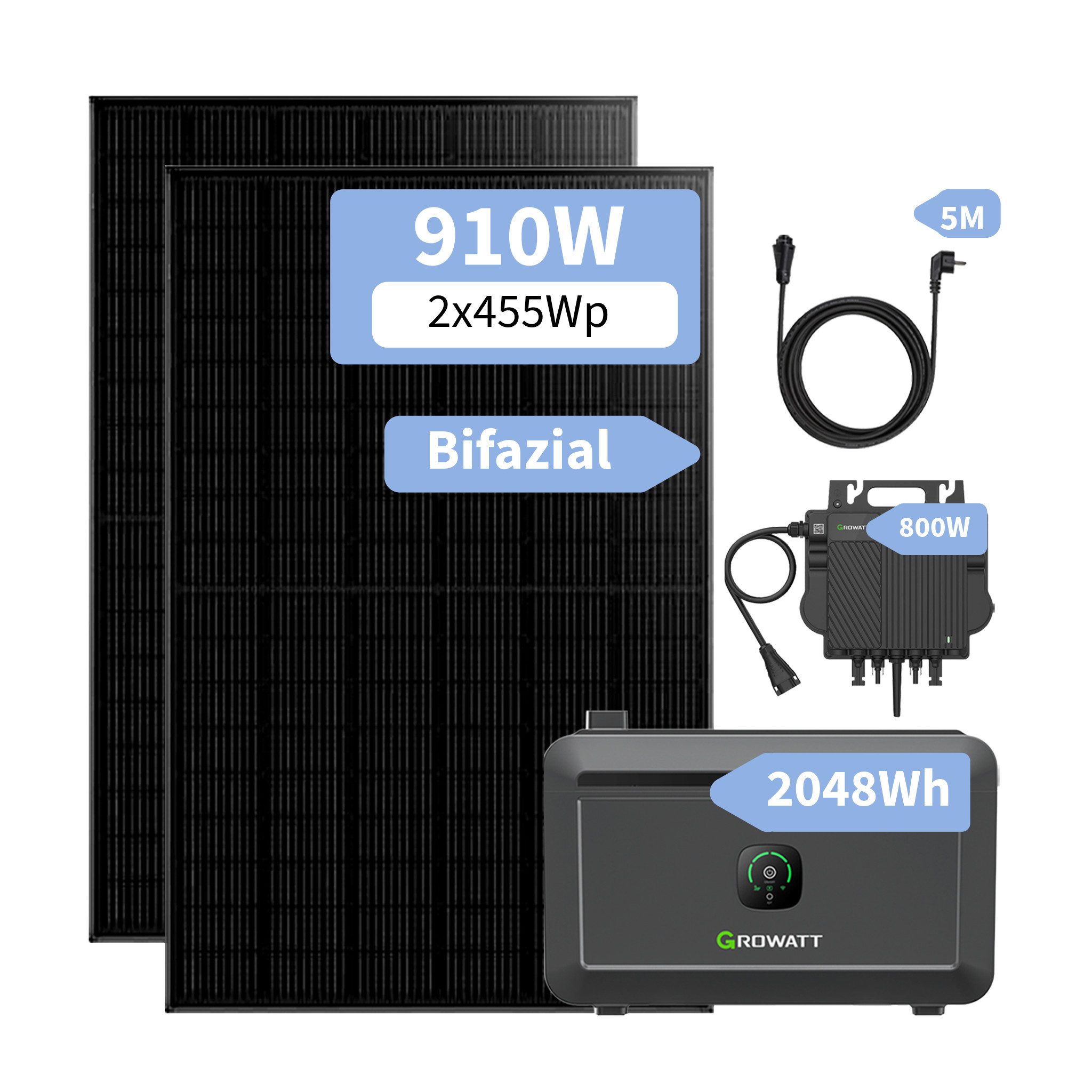 Growatt Balkonkraftwerk 910W/1820W Balkonkraftwerke Growatt NOAH 2000 2048WH Batteriesysteme, Monokristallin, (2-St), mit NEO 800W Microinverter, 5M AC Kabel, Plug-and-Play