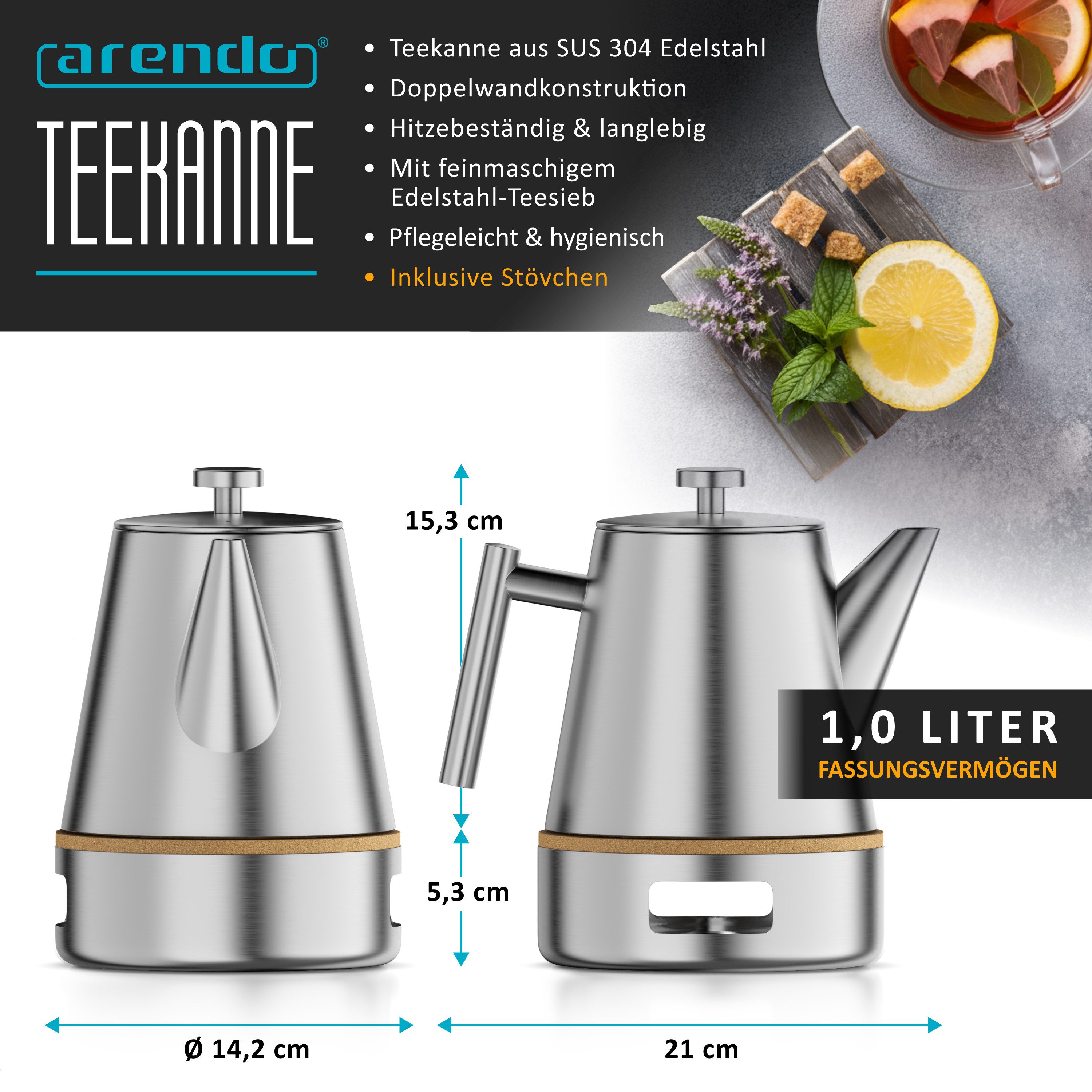 Arendo Teekanne Edelstahl Isolierkanne mit Stövchen & Siebeinsatz, 1000ml, Metallgriff, 1 l, (Set, 3-St., Teesieb, Stövchen), Doppelwandige Thermo Isolierung, Kanne mit Teesieb für losen Tee