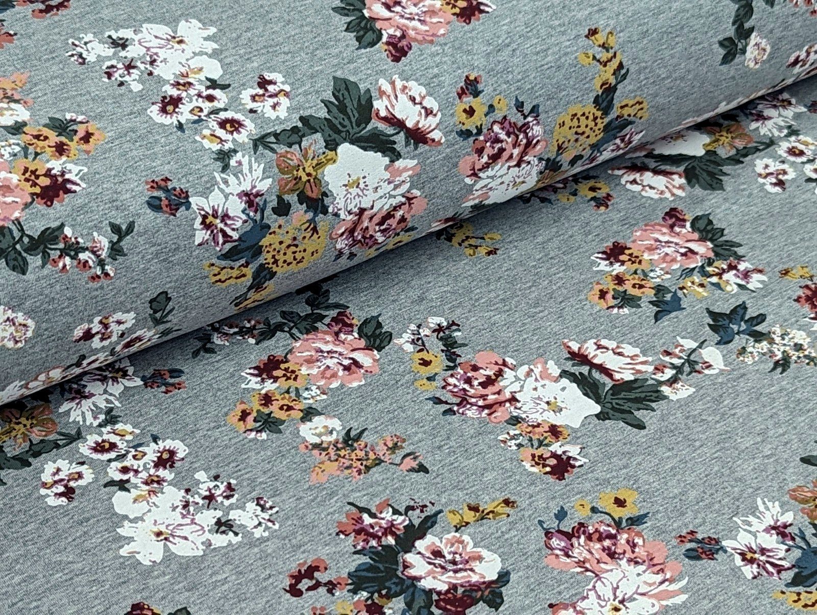 Corileo Stoff French Terry Großer Blumenschmuck auf Hellgrau Meliert Stoff