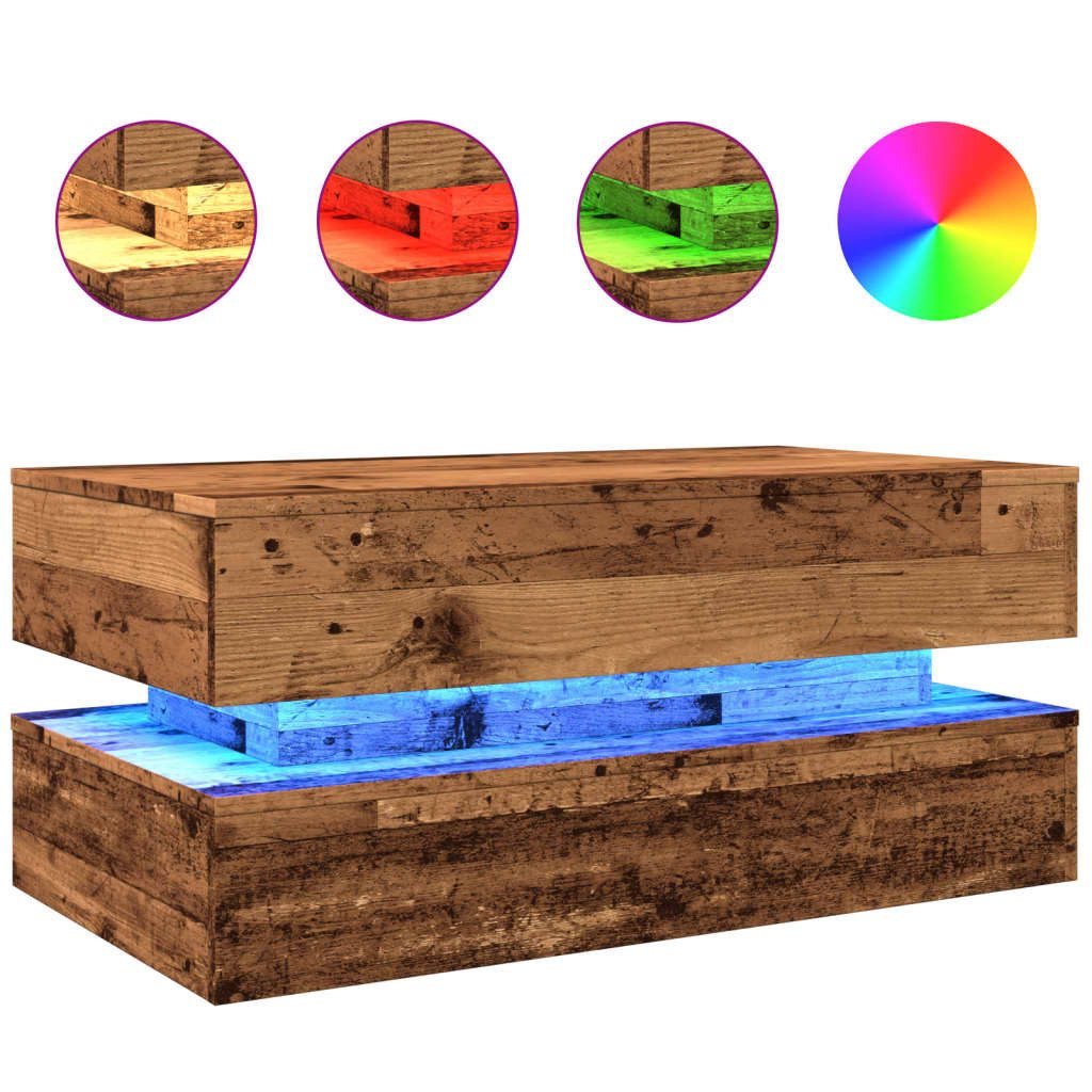 vidaXL Couchtisch NA Couchtisch mit LED Leuchten Altholz-Optik 90x50x40 cm