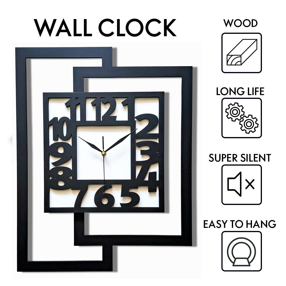 ORNAMENTI Wanduhr Große handgefertigte,moderne aus Holz, Hingucker,44 x 56 cm (Rechteckig vertikal, ohne Tickgeräusche für Wohnzimmer lesbare Ziffern)