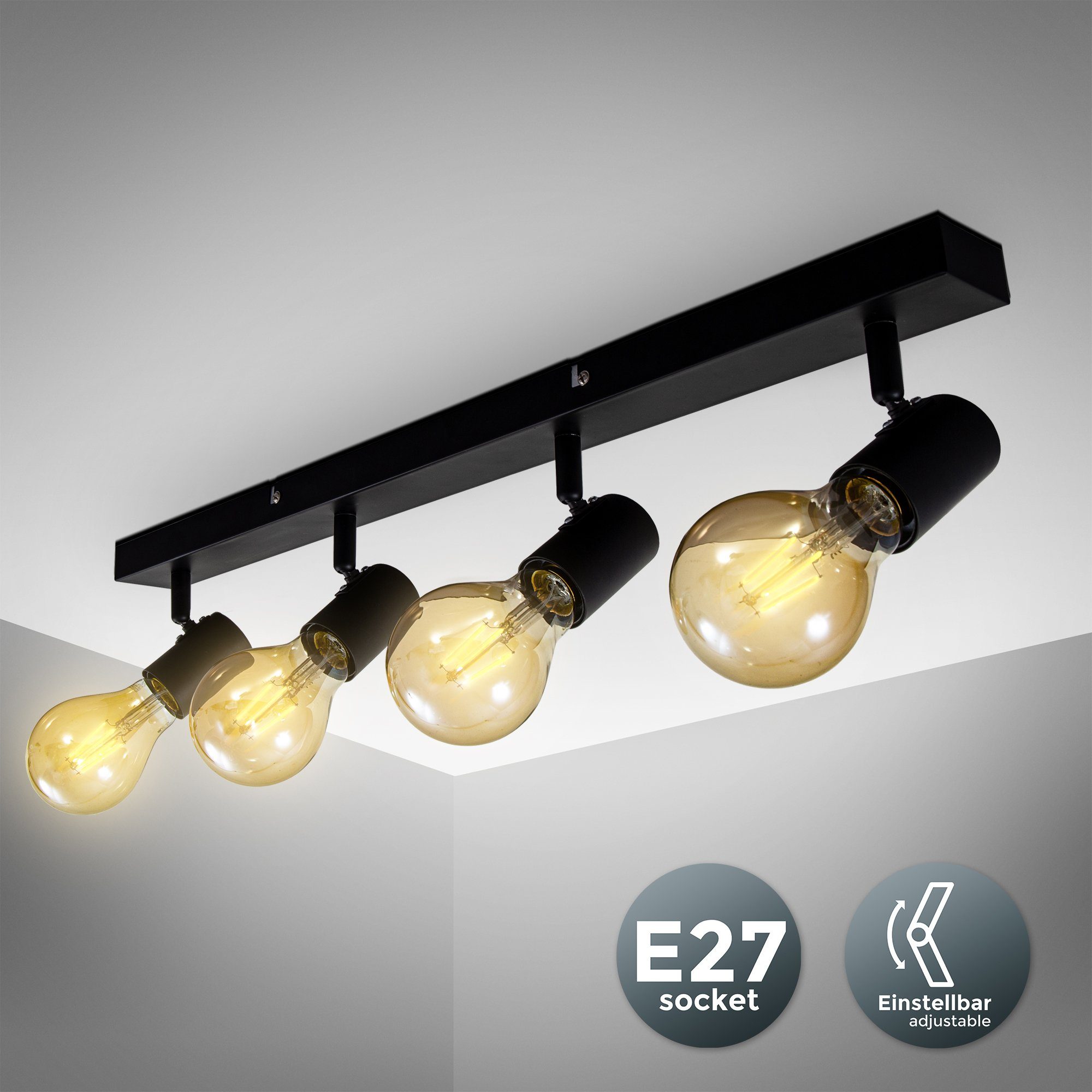 Deckenspots, LED LED E27 Vintage schwarz Industrie Deckenlampe B.K.Licht Deckenleuchte ohne Leuchtmittel, Retro