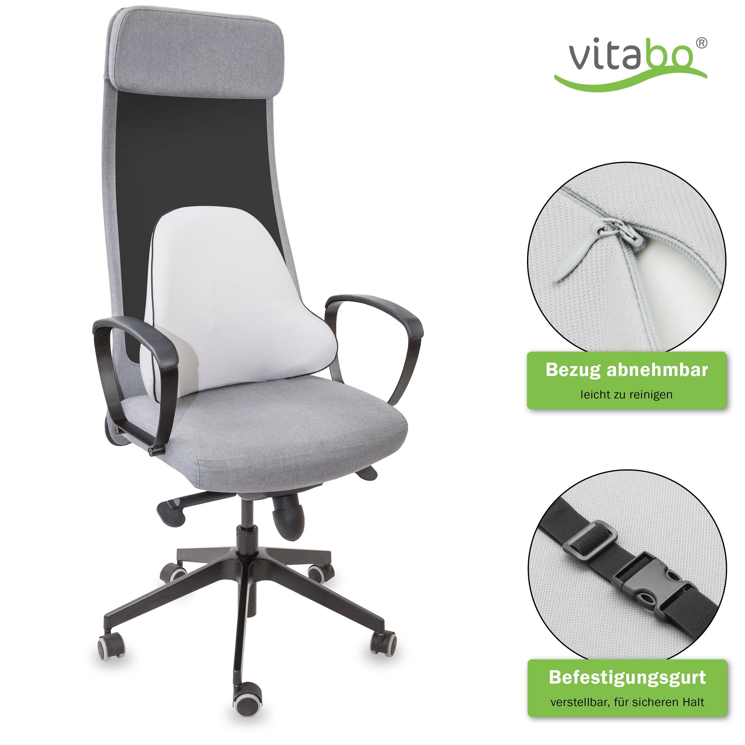 Vitabo Rückenkissen Vitabo breites Rückenkissen – ergonomisches Lendenkissen  I Lordosenstütze Rückenstütze für Büro Auto (Grau), 1-tlg.