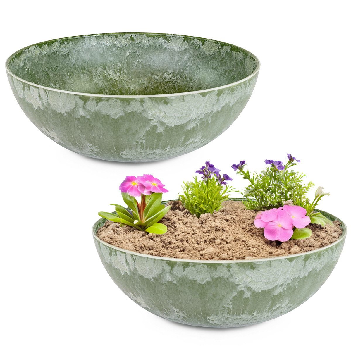 matches21 HOME & HOBBY Blumentopf Pflanzschalen für draussen 2er Dekoschalen rund grün Vintage 20 cm (2 St), Frostsichere Kunststoff Blumen-Schale Gartendeko Wohnzimmer Friedhof