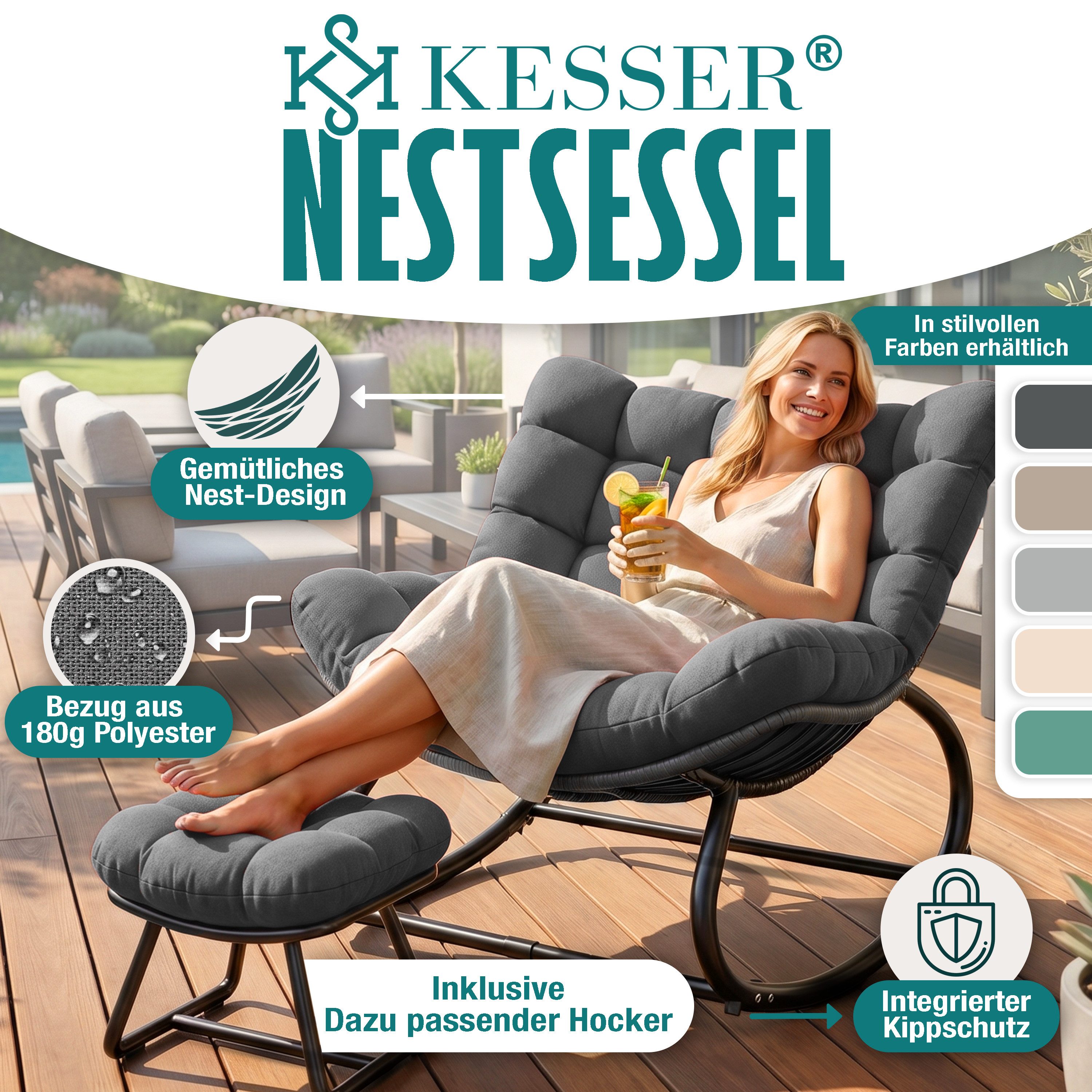 KESSER Schaukelstuhl (maximale Belastung 120kg, witterungsbeständig & mit rutschfesten Füßen), Loungesessel ergonomisches Relaxsessel für Balkon, Garten & Wohnz – Bild 2 von 5