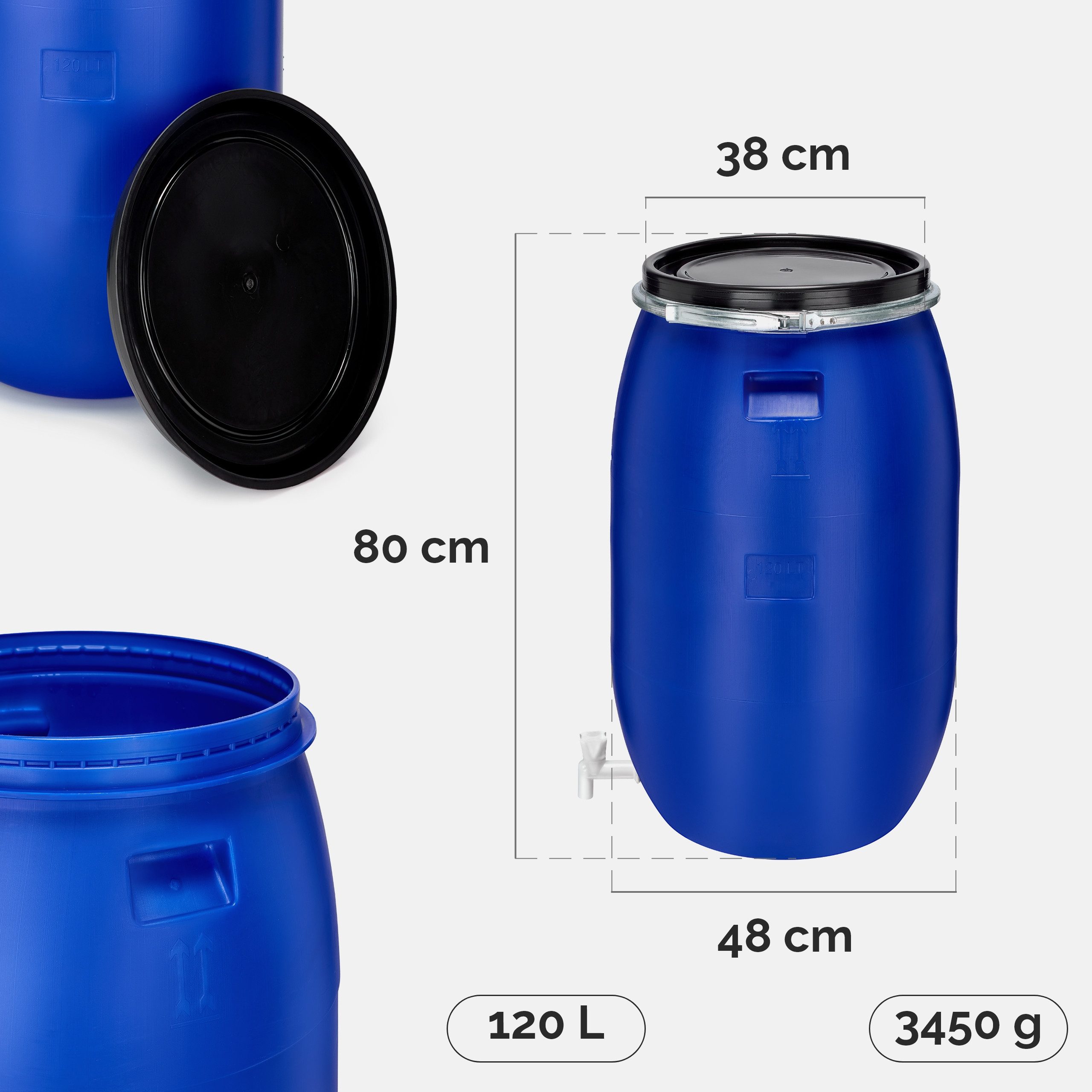 Garronda Regentonne 120L Weithalsfass mit Deckel und Hahn aus HDPE für Haus&Garten GD-0091, 120 l