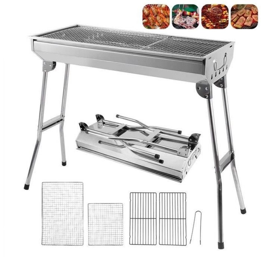 JEOBEST Holzkohlegrill Camping Grill Holzkohle, Edelstahl Grill, Reisegrill für BBQ, Klappbar, mit Grillnetze, zwei Carbonnetze -73 x 33.5 x 70cm