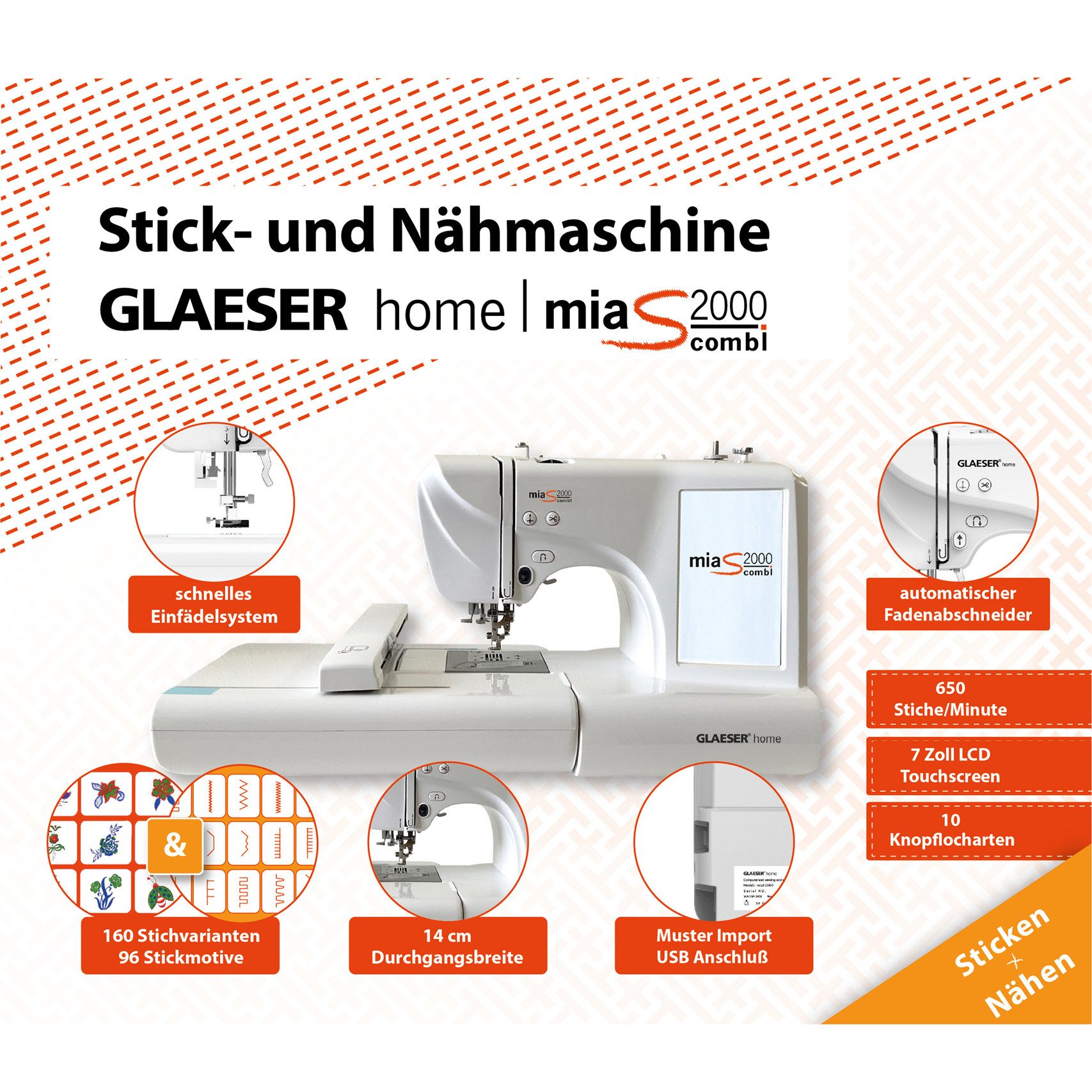 GLAESER home Näh- und Stickmaschine GLAESERhome miaS2000combi Stick- & Nähmaschine, 160 Programme