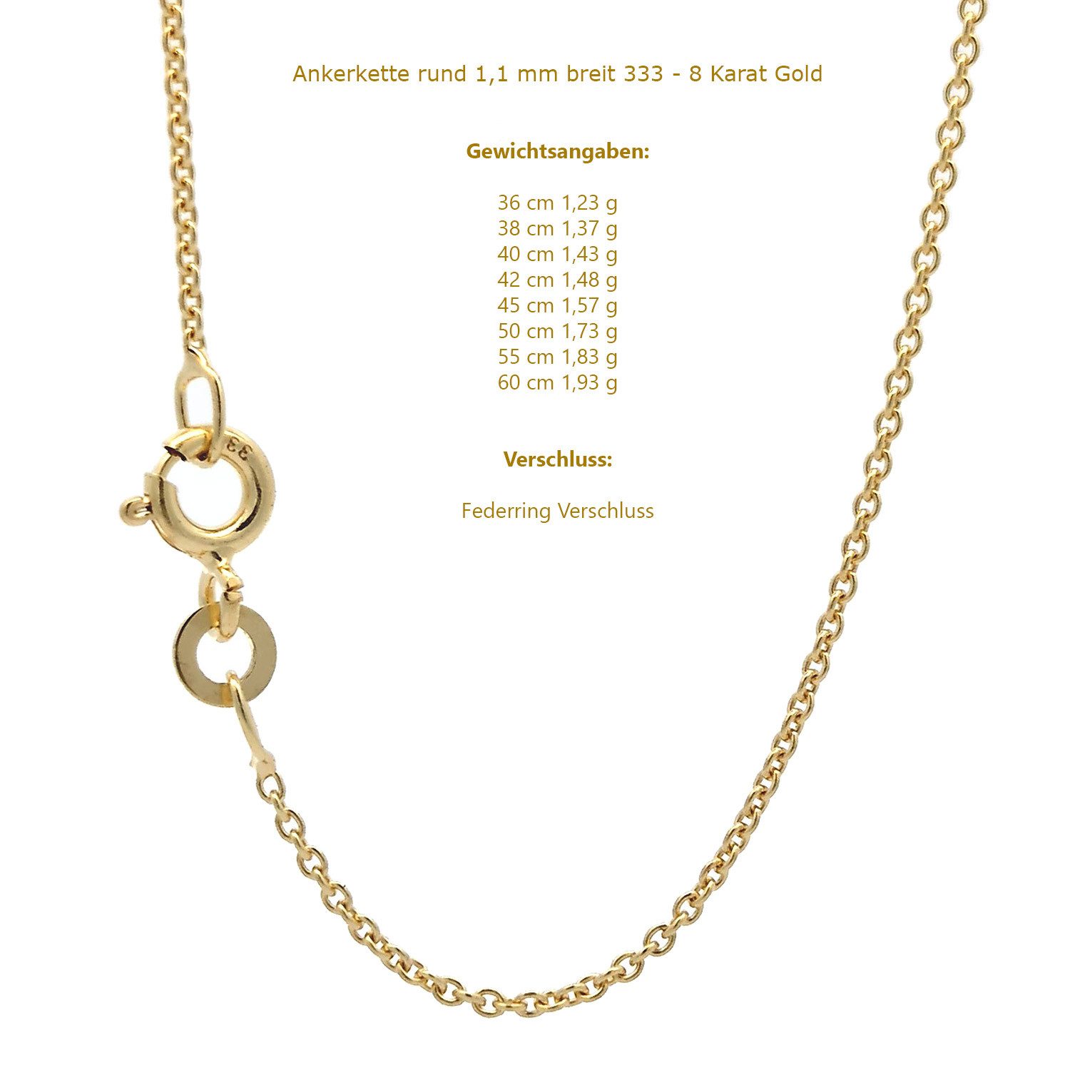HOPLO Goldkette Goldkette Ankerkette rund 333 - 8 Karat Gold 1,1 mm - 36 cm günstig online kaufen