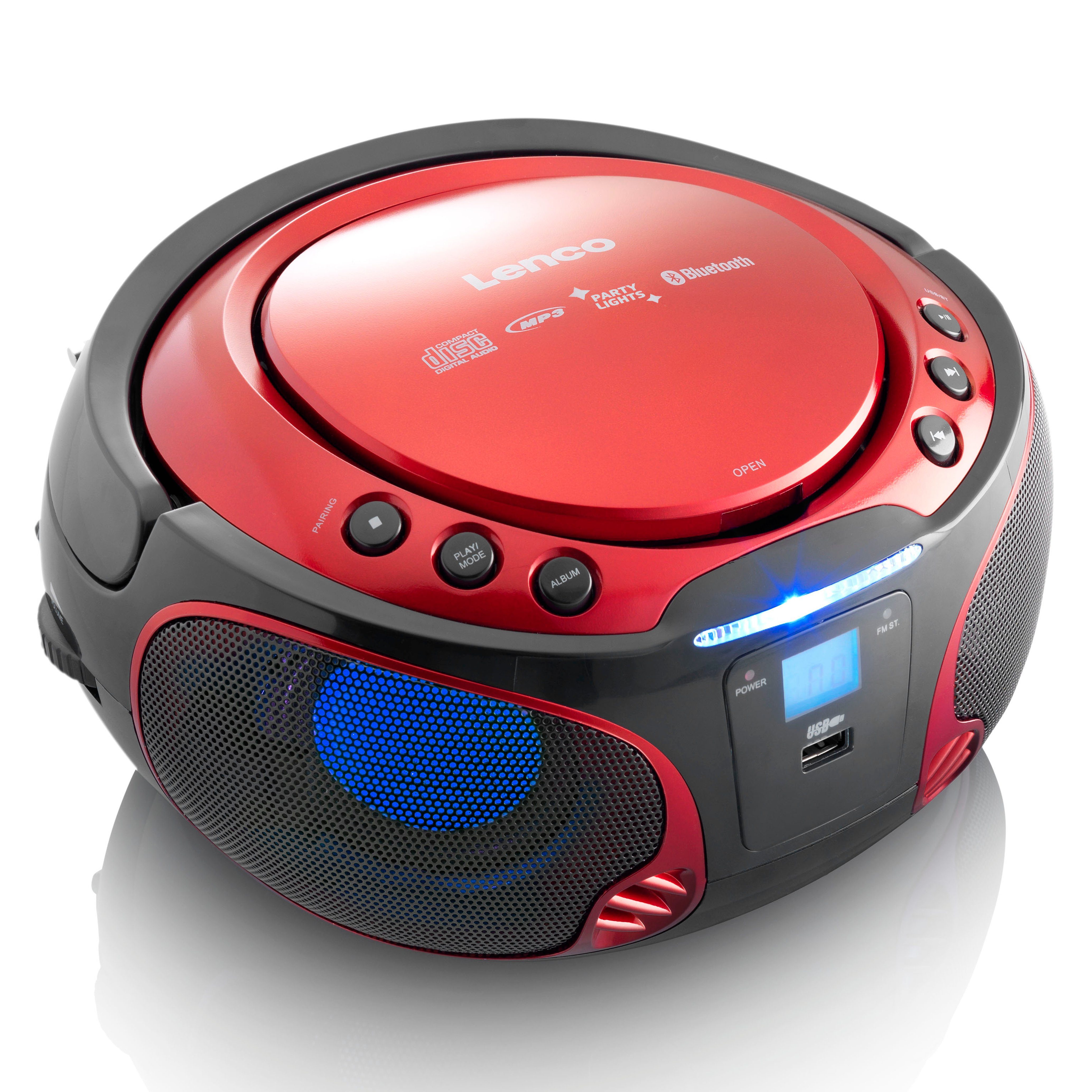 Lenco SCD-550RD UKW-Radio (FM, 5 W, CD/MP3-Player mit Lichteffekten, Bluetooth 5.0, USB & AUX in Rot)