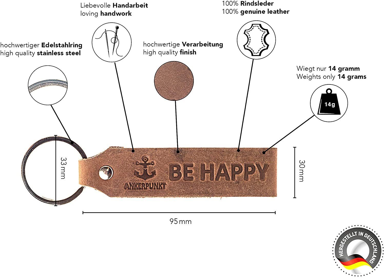 Kinder Teens (Gr. 128 - 182) Ankerpunkt Schlüsselanhänger mit Gravur Be Happy (1-tlg), Geschenke für Frauen Geschenke für Männer