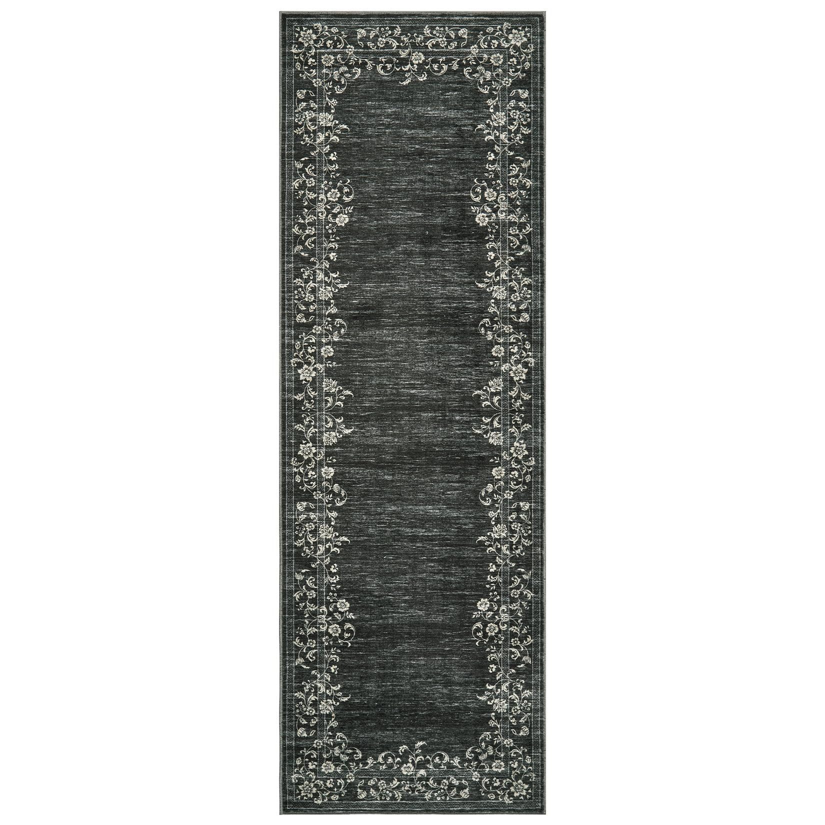 GarveeMore Veloursteppich Waschbarer Vintage Teppich Designteppich Läufer mit floraler Bordüre, Moderner Kurzflor, rutschfest, pflegeleicht & schmutzabweisend