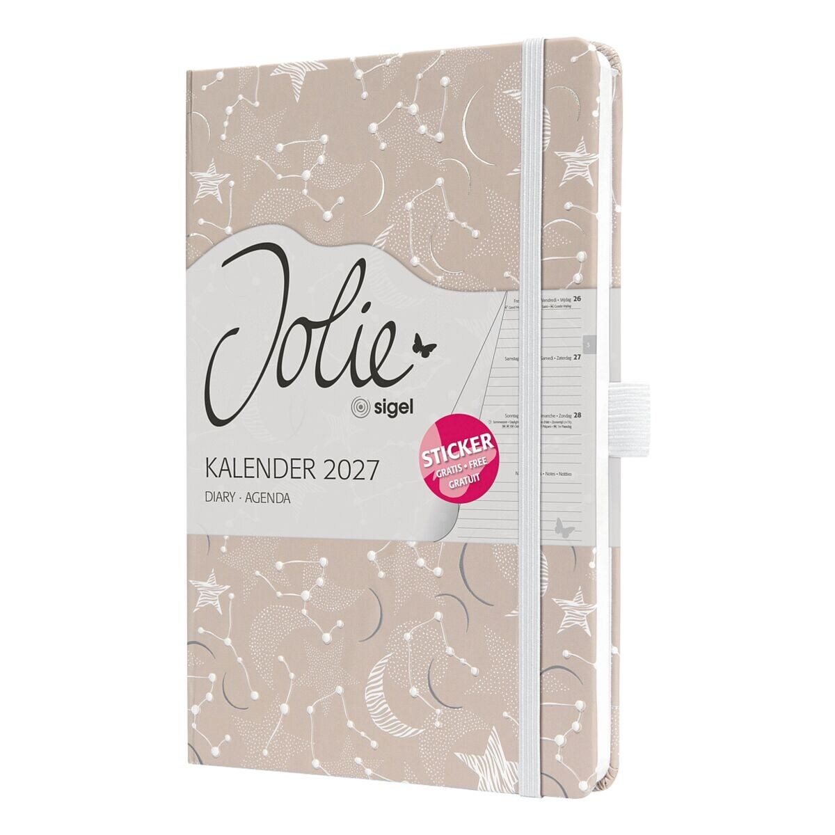 Sigel Buchkalender Jolie Cosmic Fantasy Beige, für 2027, 1 Woche = 2 Seiten, inkl. Stickerbogen