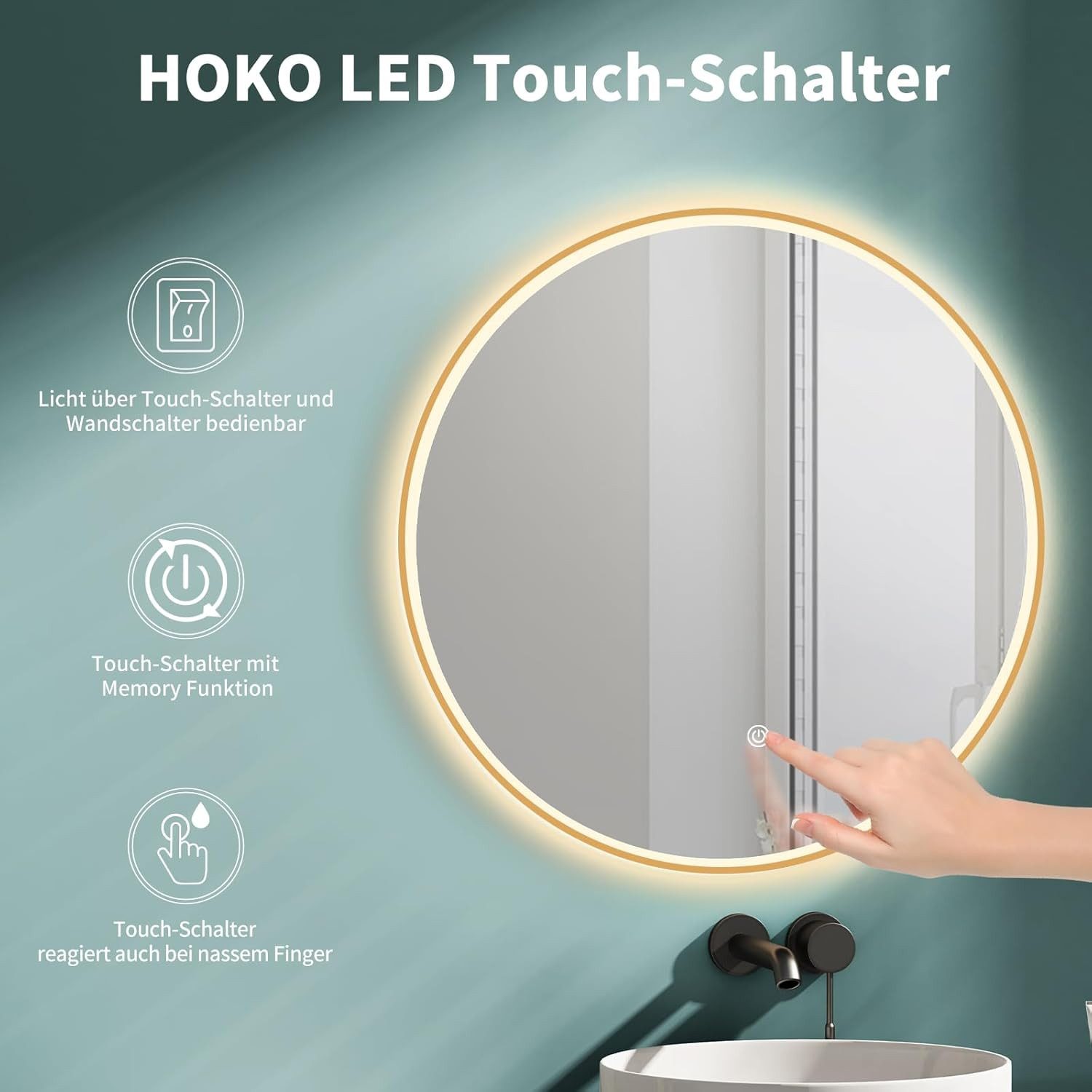 HOKO Badspiegel mit Beleuchtung, Led-Lichtspiegel rund 60cm / 80cm (Warmweiß - Kaltweiß - Neutral. Licht mit Touch Schalter und mit Wandschalter einschaltbar. Memory-Funktion.IP44, 5mm HD Glass), LED Wandspiegel, Badezimmerspiegel, Rund Spiegel