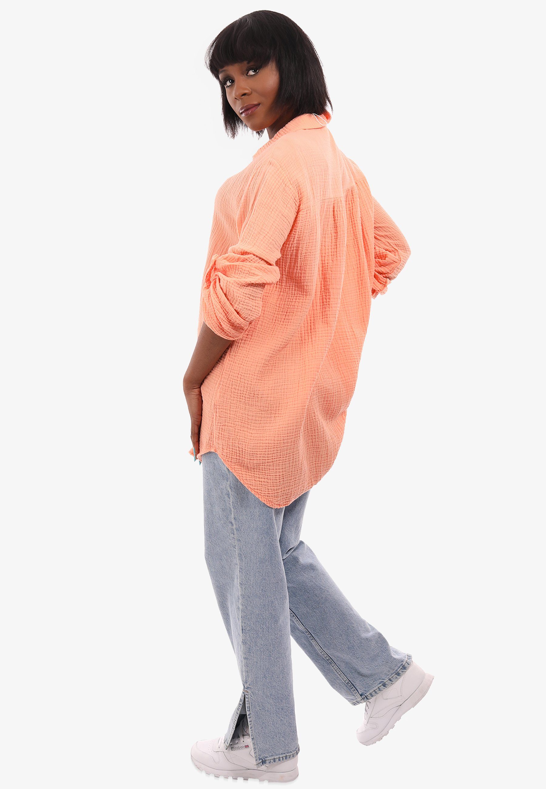 weicher (1-tlg) YC Langarm, One Herrlich orange-hell Hemdbluse Style Oversized Fashion Size Musselin Long & Uni, Bluse Casual bluse