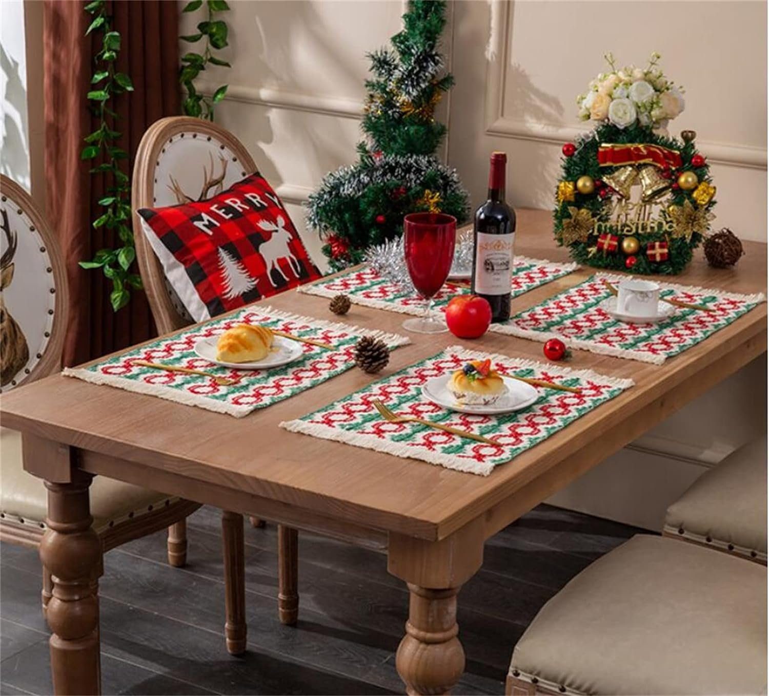Platzdeckchen Tischset Weihnachten Tischschonbezug FELIXLEO Grün Platzsets Rot 33x50cm Quaste (4-tlg)