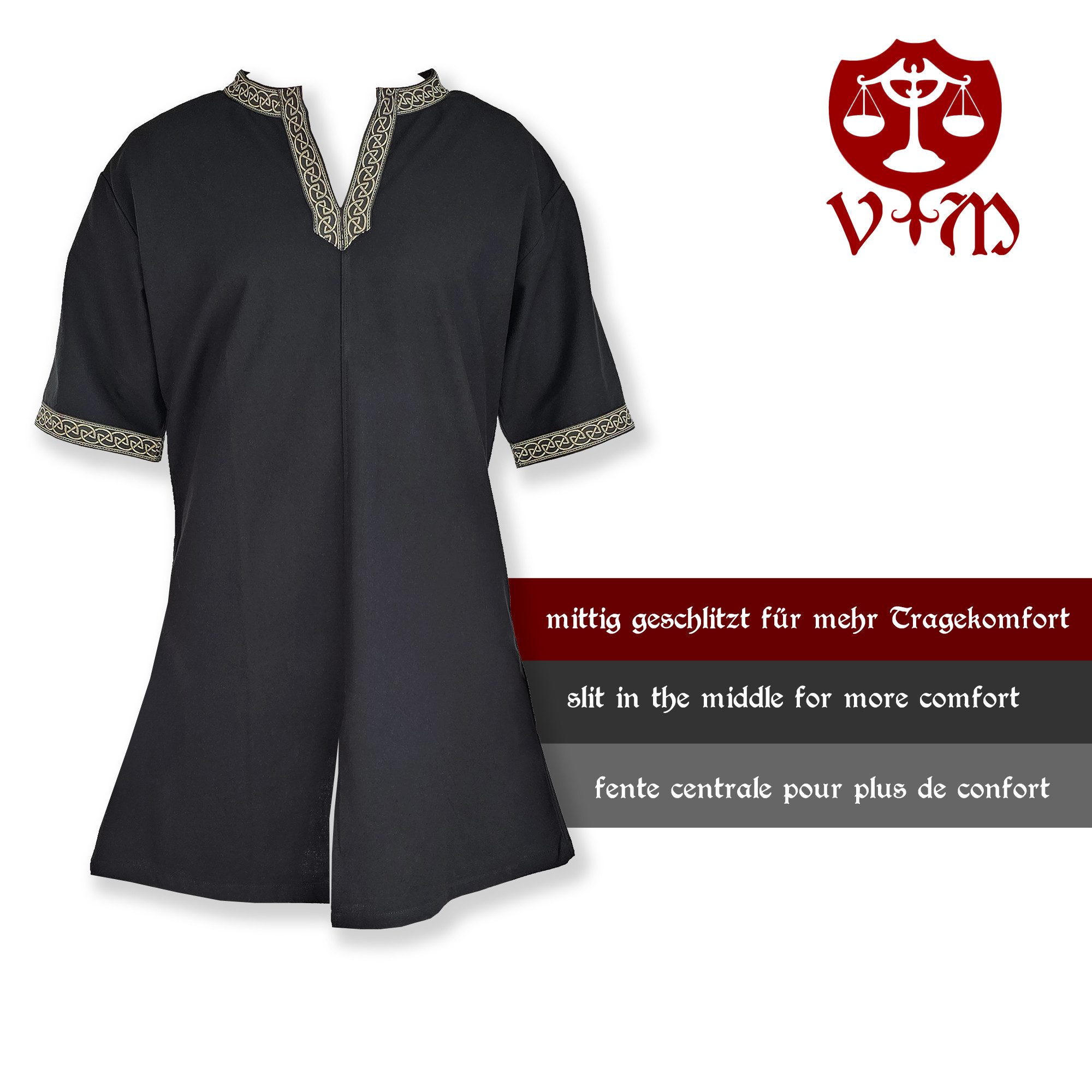 Vehi Mercatus Wikinger-Kostüm Wikinger Tunika schwarz "Arvid" mit Knotenmuster, kurzarm